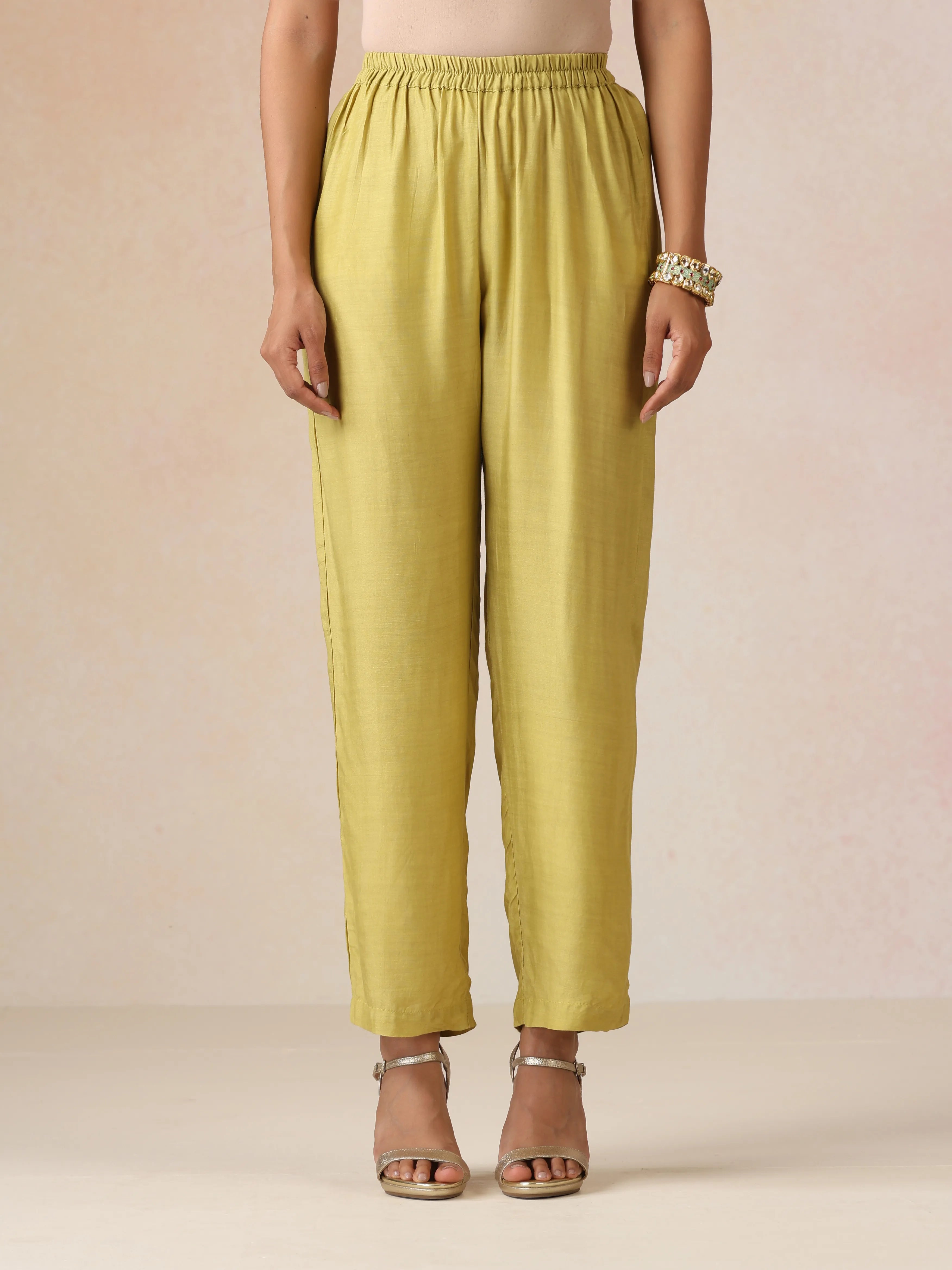 trueBrowns Light Green Pink Jaal Print Viscose Asymmetric One-Shoulder Kurta Co-ord Set