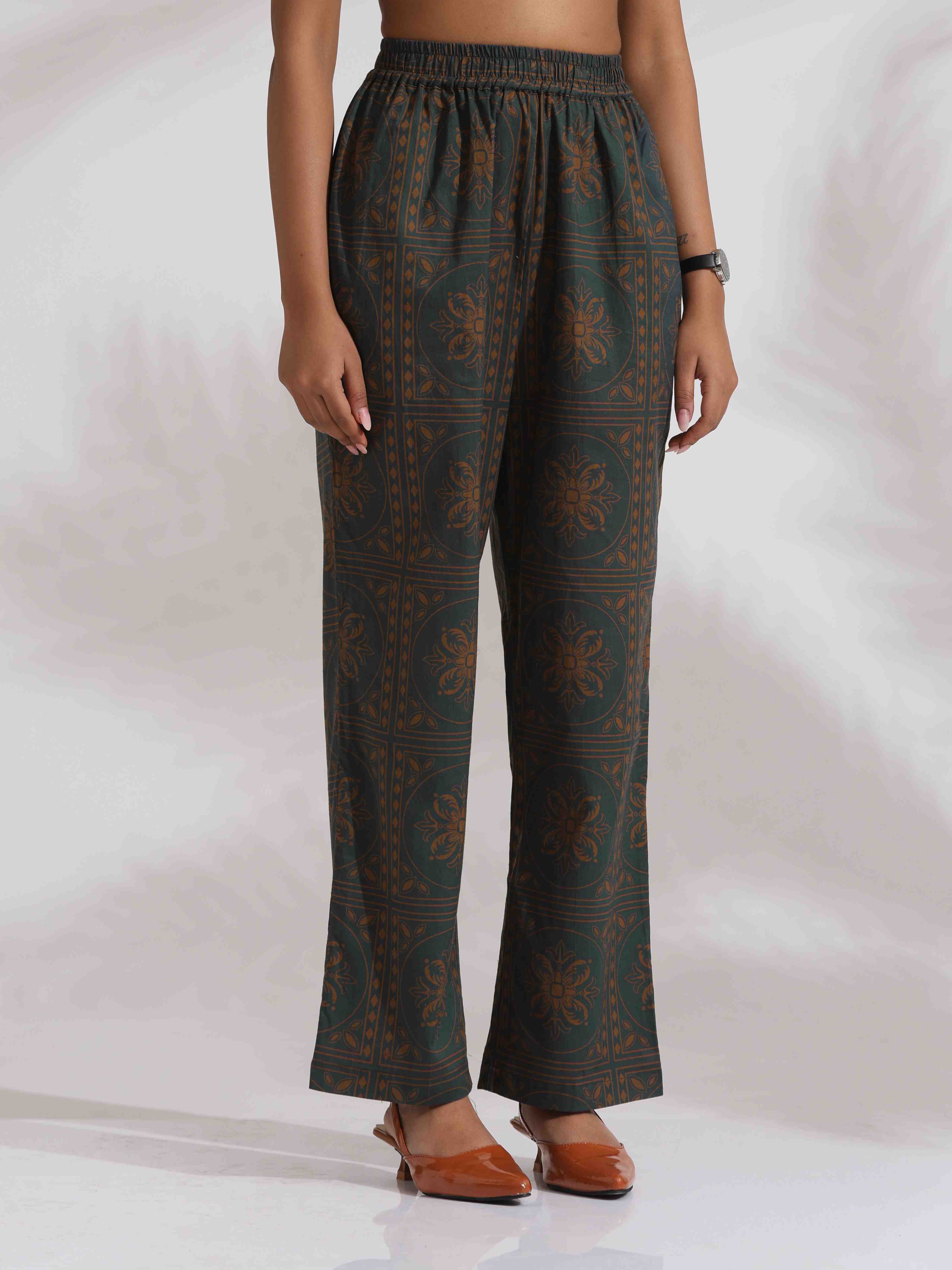 trueBrowns Green Cotton Print Shirt Top & Pants Co-ord Set