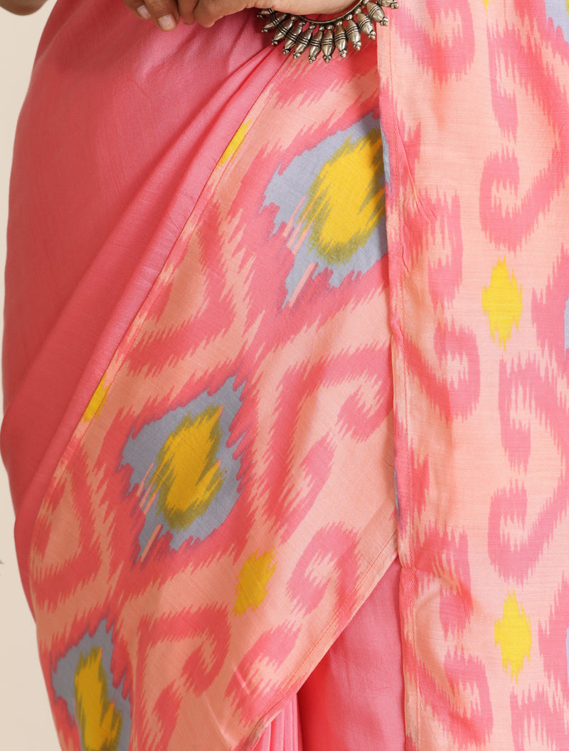 trueBrowns Pink Lime Muslin Ikat Saree