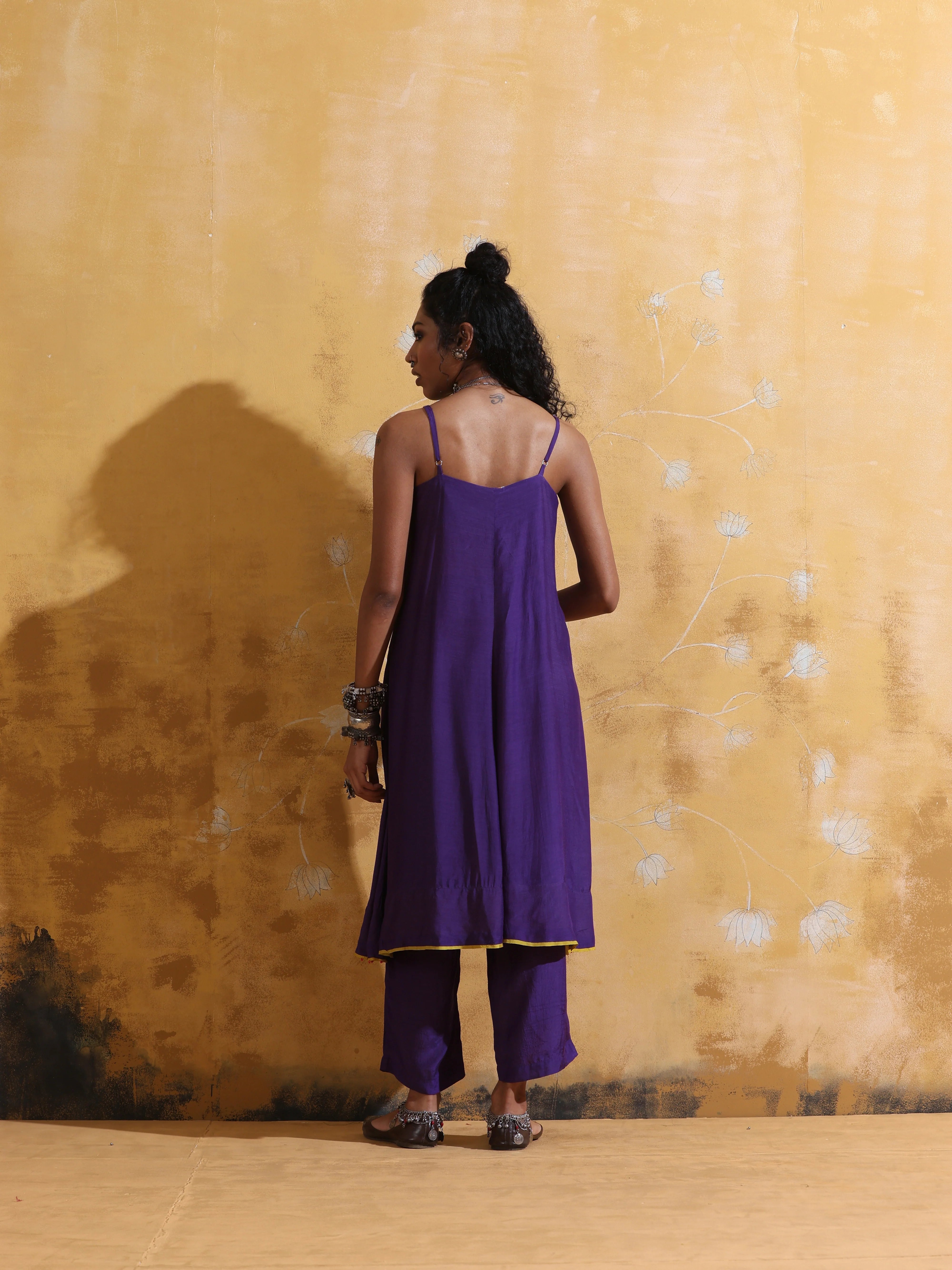 trueBrowns Purple Muslin Silk Flared Kurta Pant Set