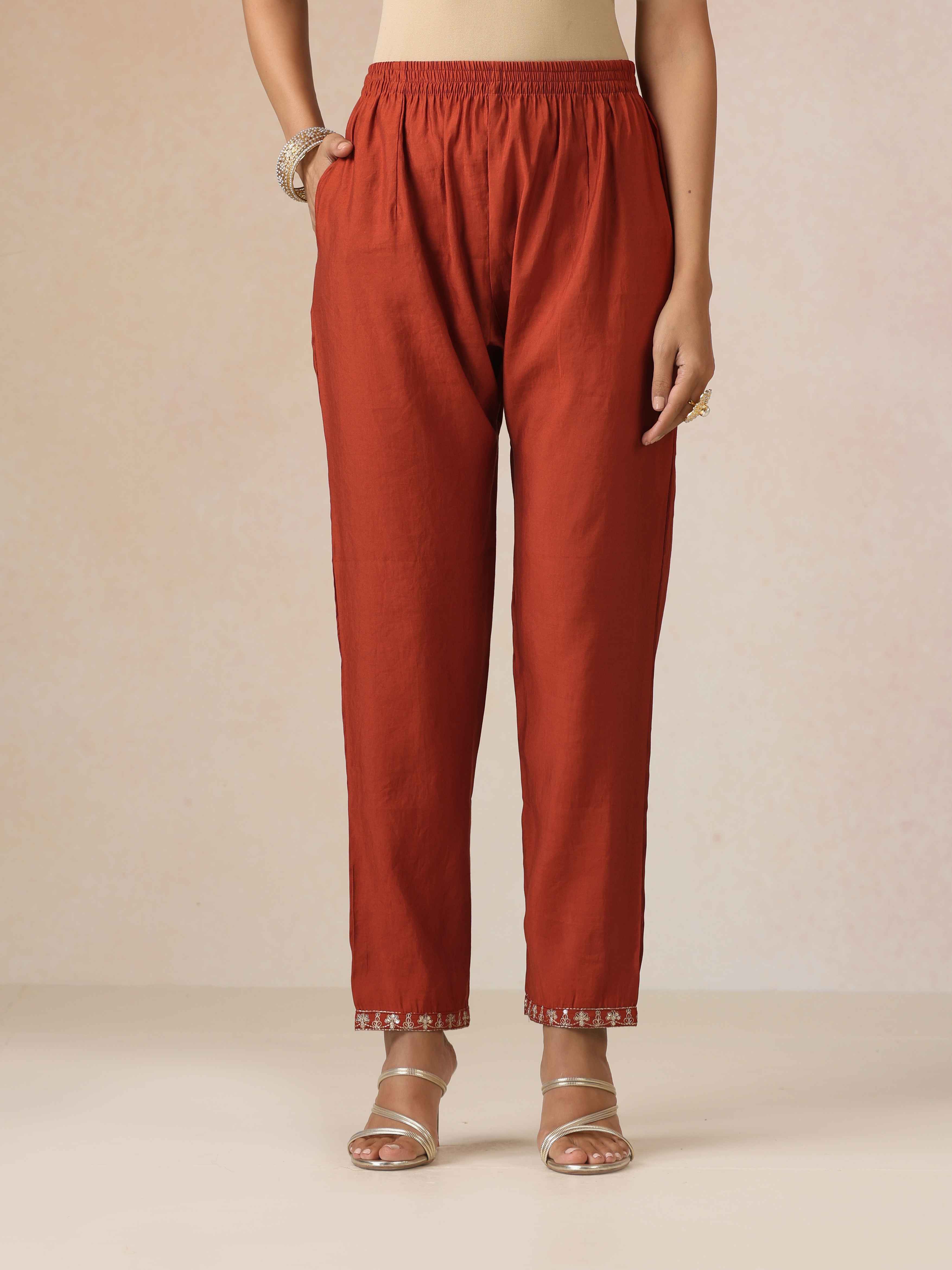 trueBrowns Rust Zari Embroidered Straight Kurta 3pc Set