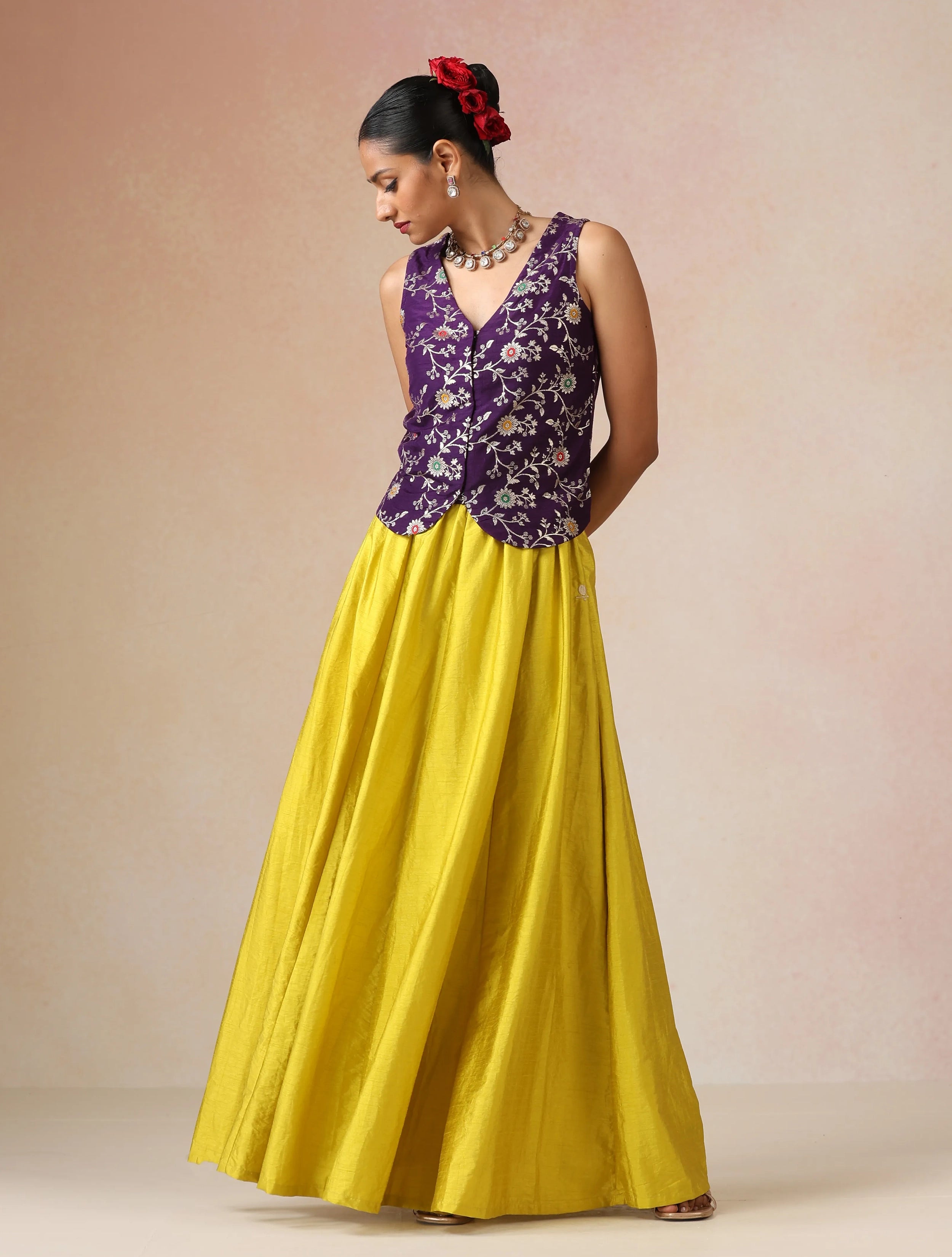 trueBrowns Purple Brocade Jacket Skirt Co-ord Set