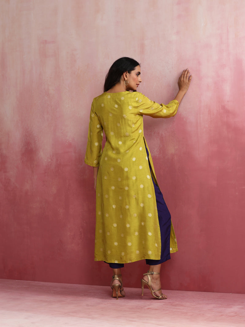 trueBrowns Lime Viscose Silk Kurta Set