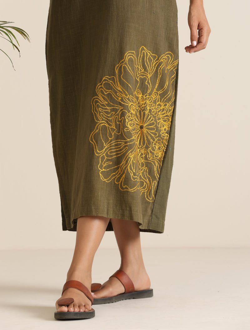 trueBrowns Olive Cotton Embroidered Dress