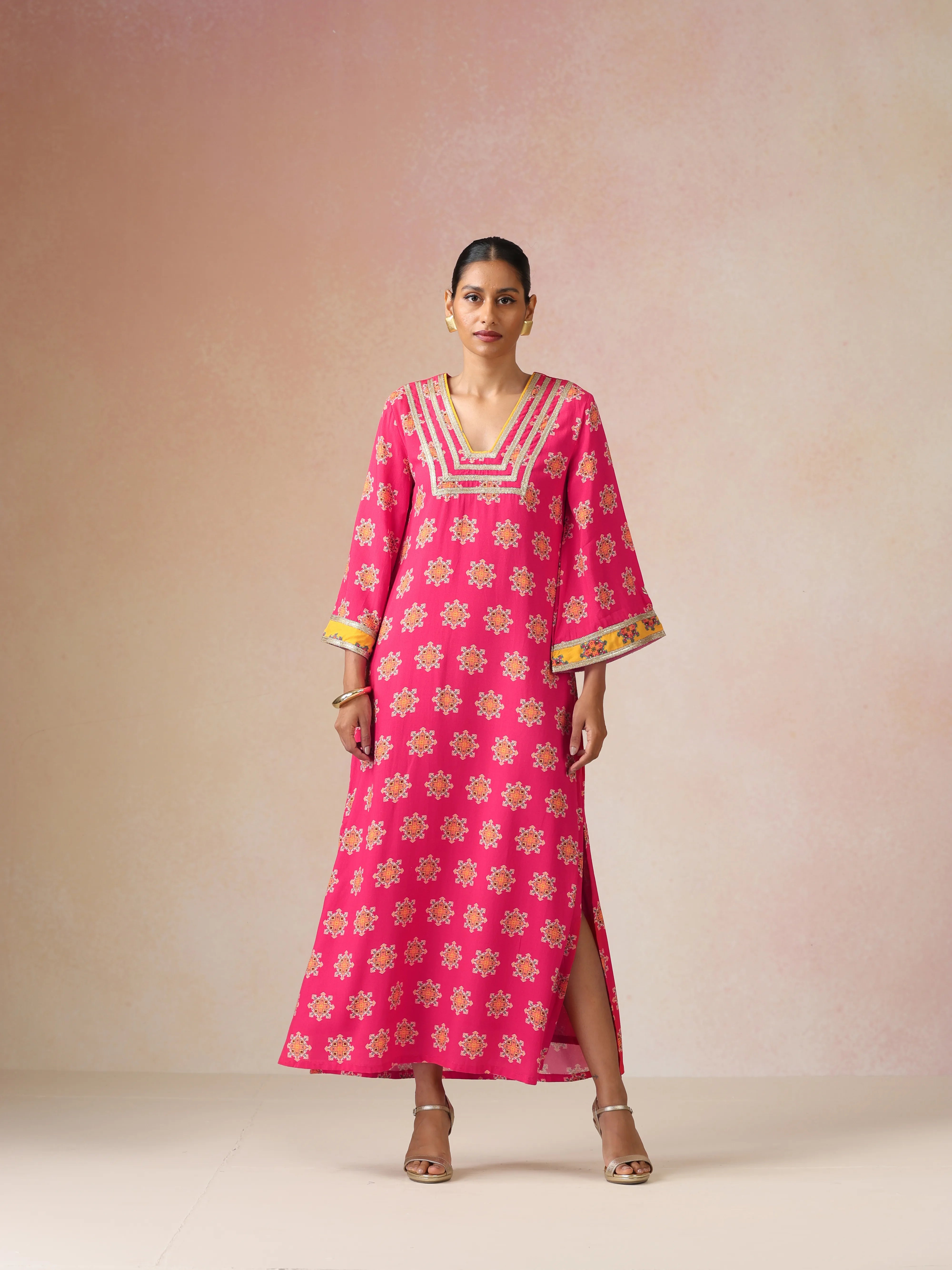 trueBrowns Pink Boota Print Viscose Straight Maxi Dress