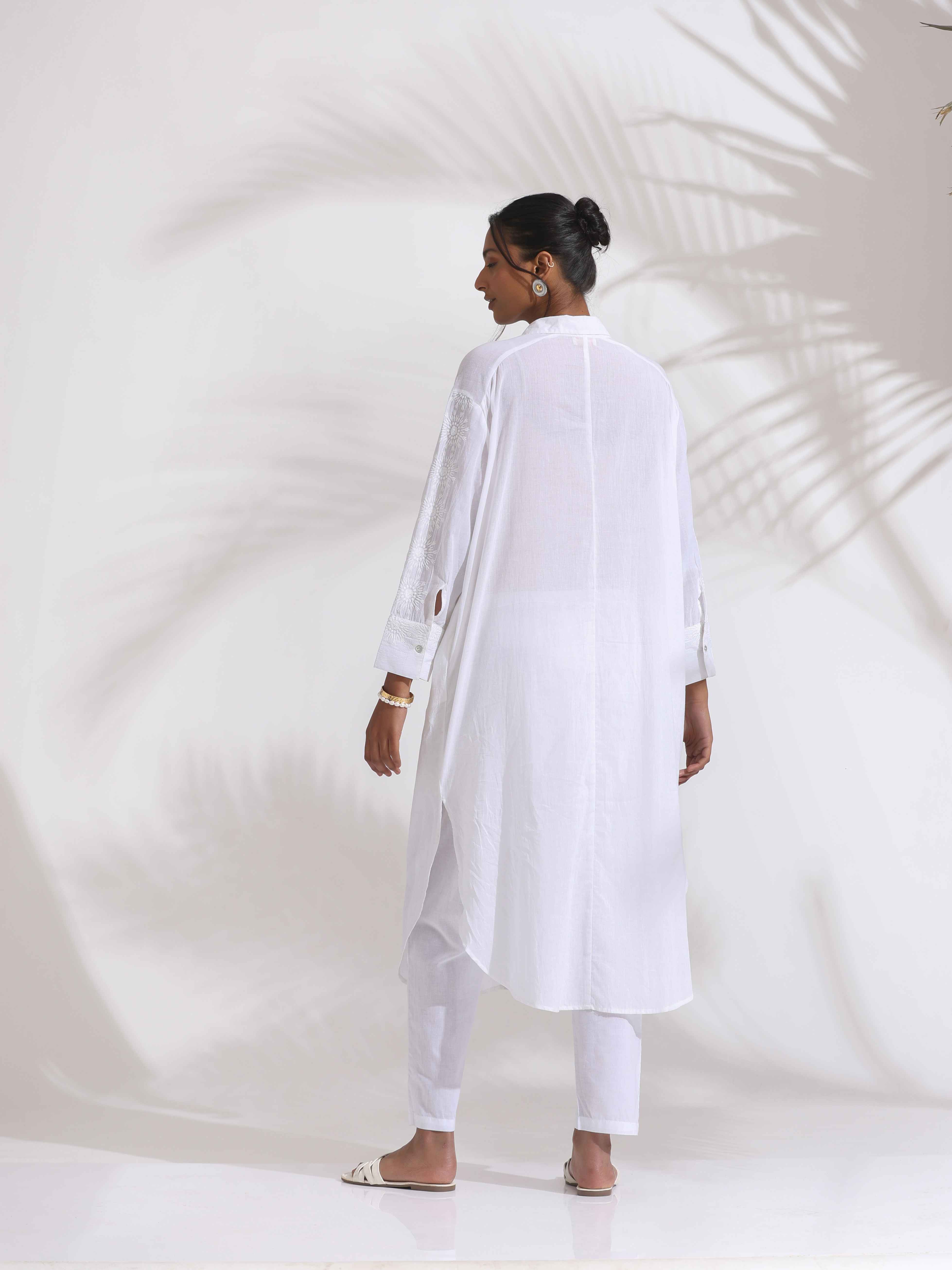 trueBrowns White Cotton Schiffli Shirt Kurta Set