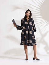 trueBrowns Black Cotton Print Short Dress