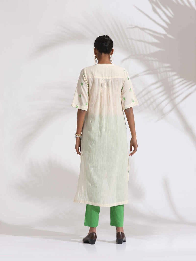 trueBrowns Off-White Cotton Floral Embroidered Straight Kurta Set