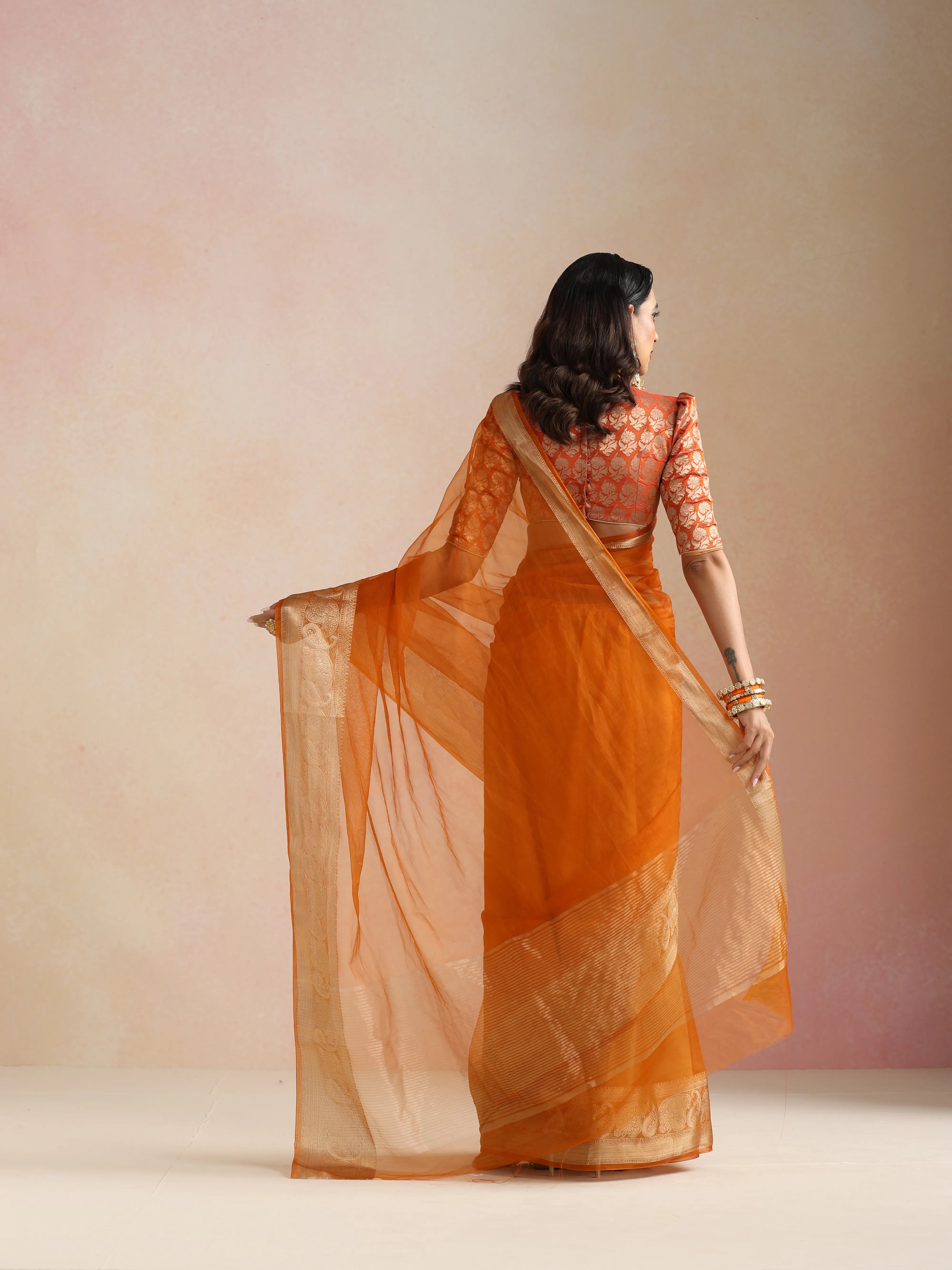trueBrowns Rust Organza Saree With Unstitched Blouse