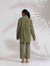 trueBrowns Olive Green Cotton Floral Embroidered Co-ord Set
