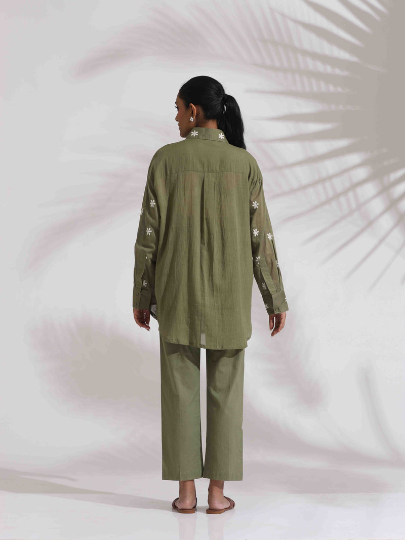 trueBrowns Olive Green Cotton Floral Embroidered Co-ord Set