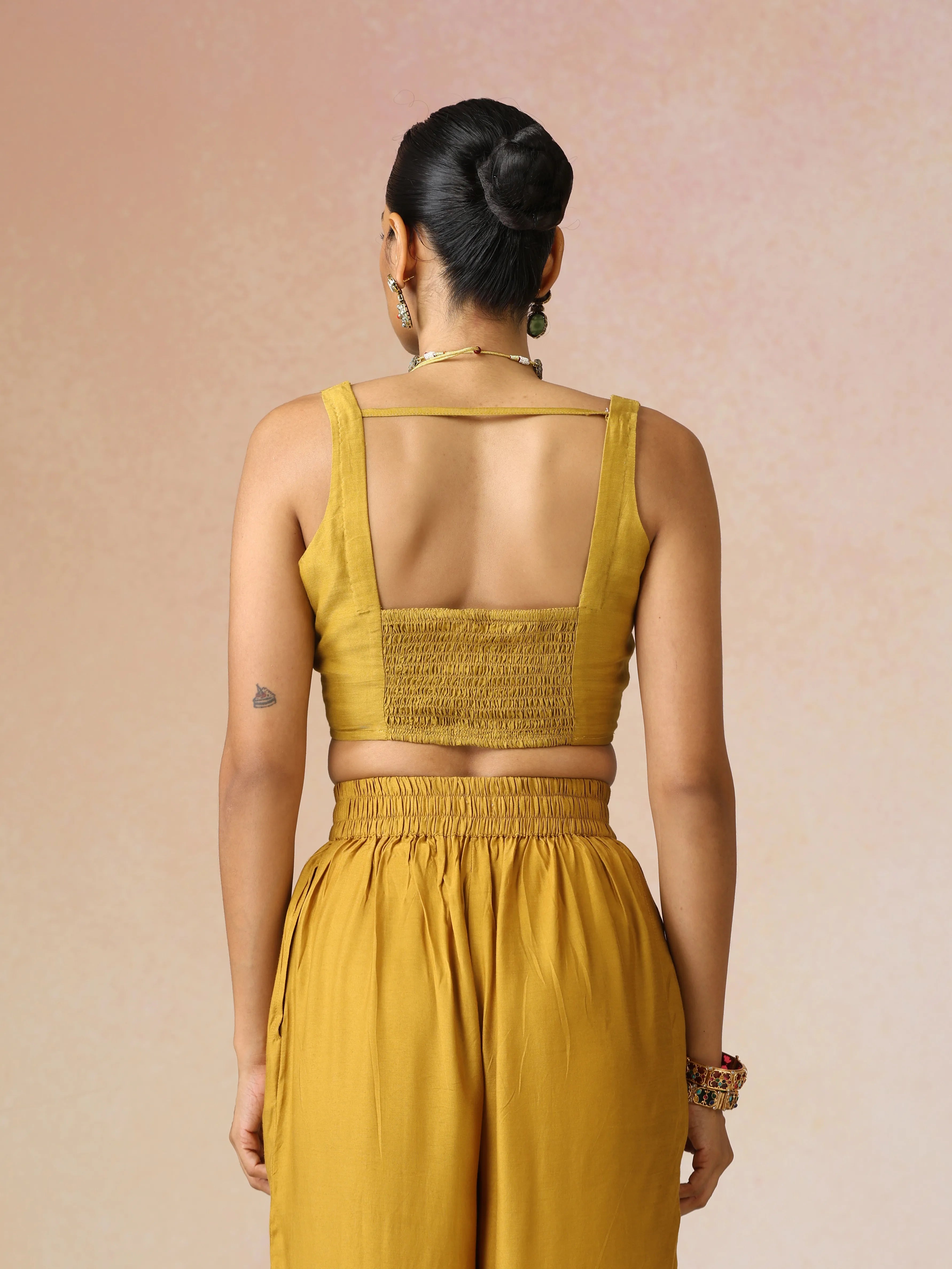 trueBrowns Mustard and Purple Gold Foil Print Muslin Silk Jacket Set