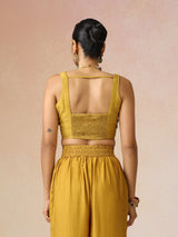 trueBrowns Mustard and Purple Gold Foil Print Muslin Silk Jacket Set