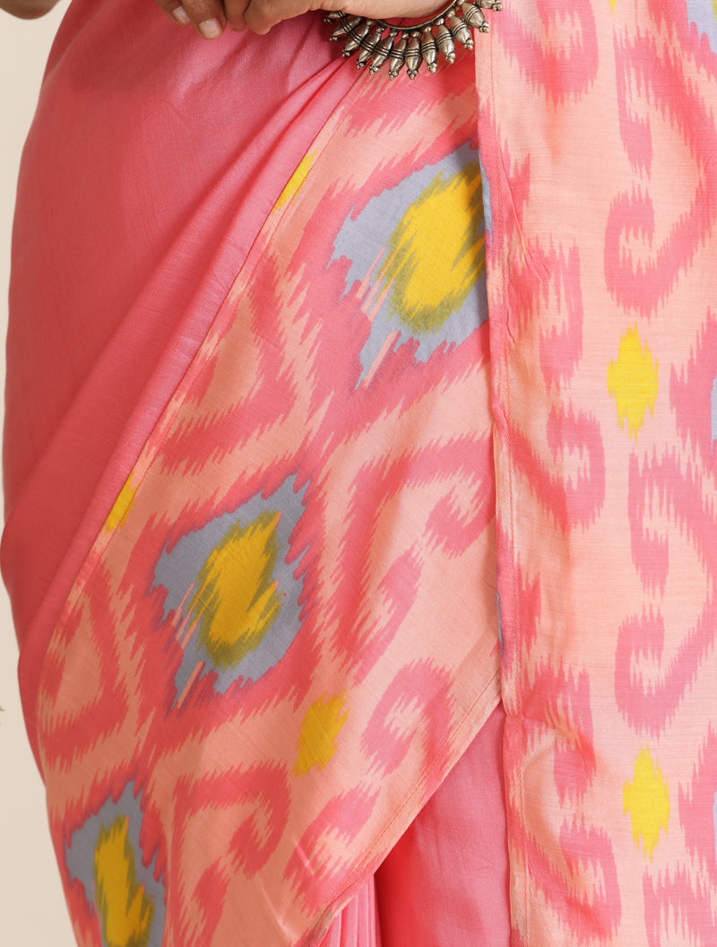 trueBrowns Pink Lime Muslin Ikat Saree