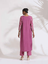 trueBrowns Pink Cotton Floral Embroidered Flared Kurta Set