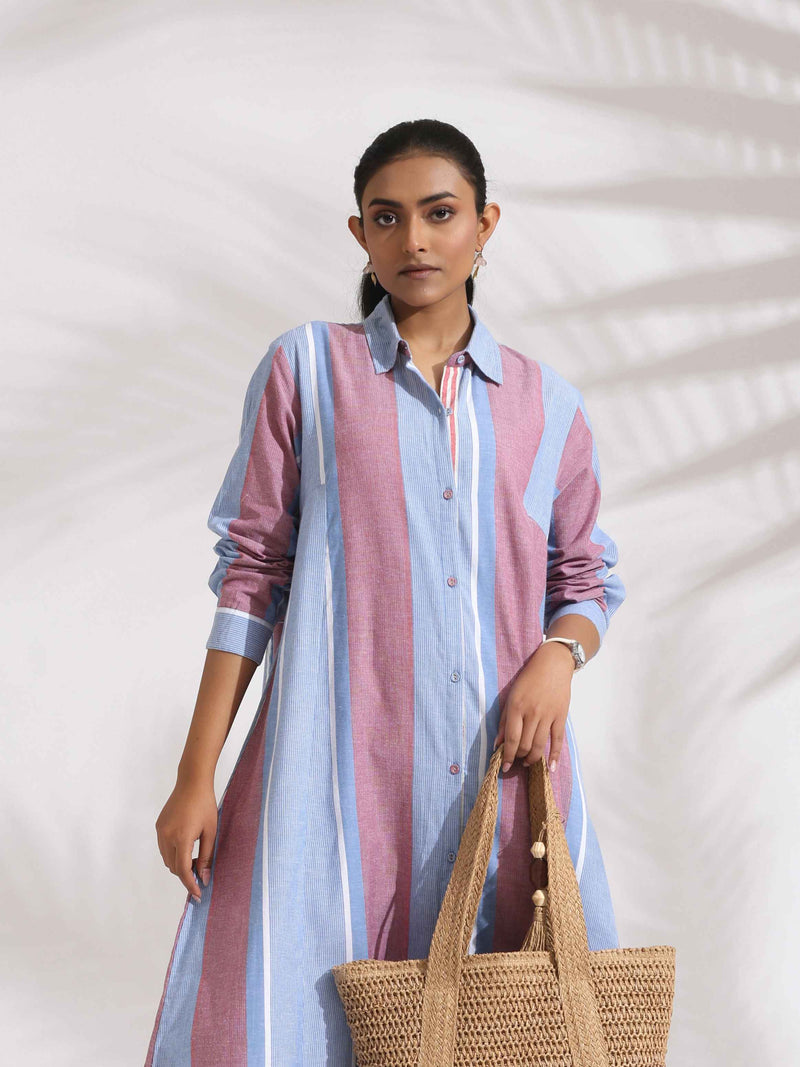 trueBrowns Blue Cotton Stripe Flared Shirt Dress