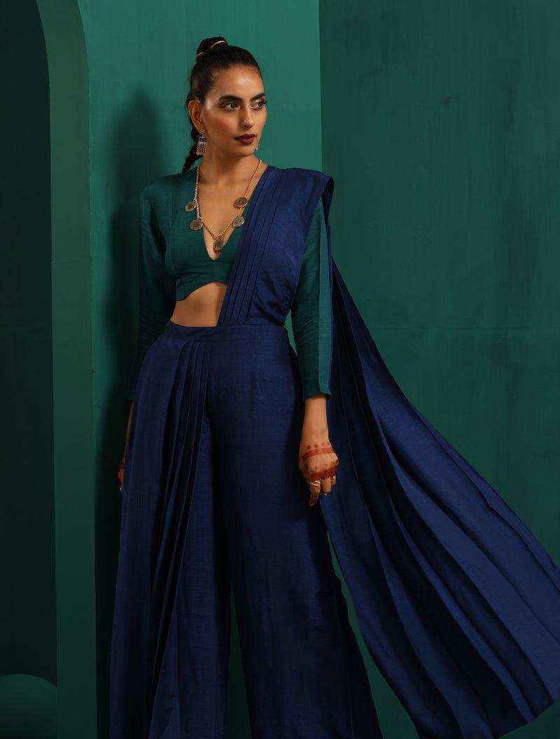 trueBrowns Blue Silk Palazzo Stitched Saree