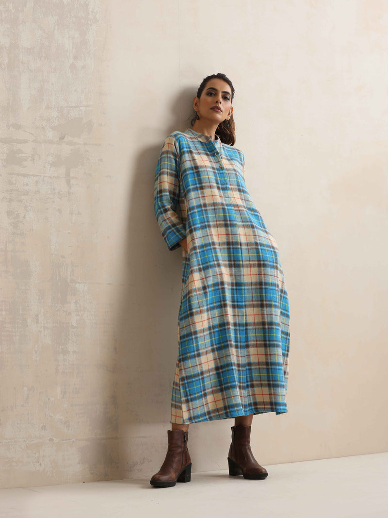 trueBrowns Beige Check Flared Winter Dress