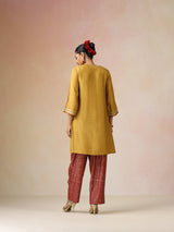 trueBrowns Mustard Gold Foil Print Muslin Silk Kurta Farsi Pants Set