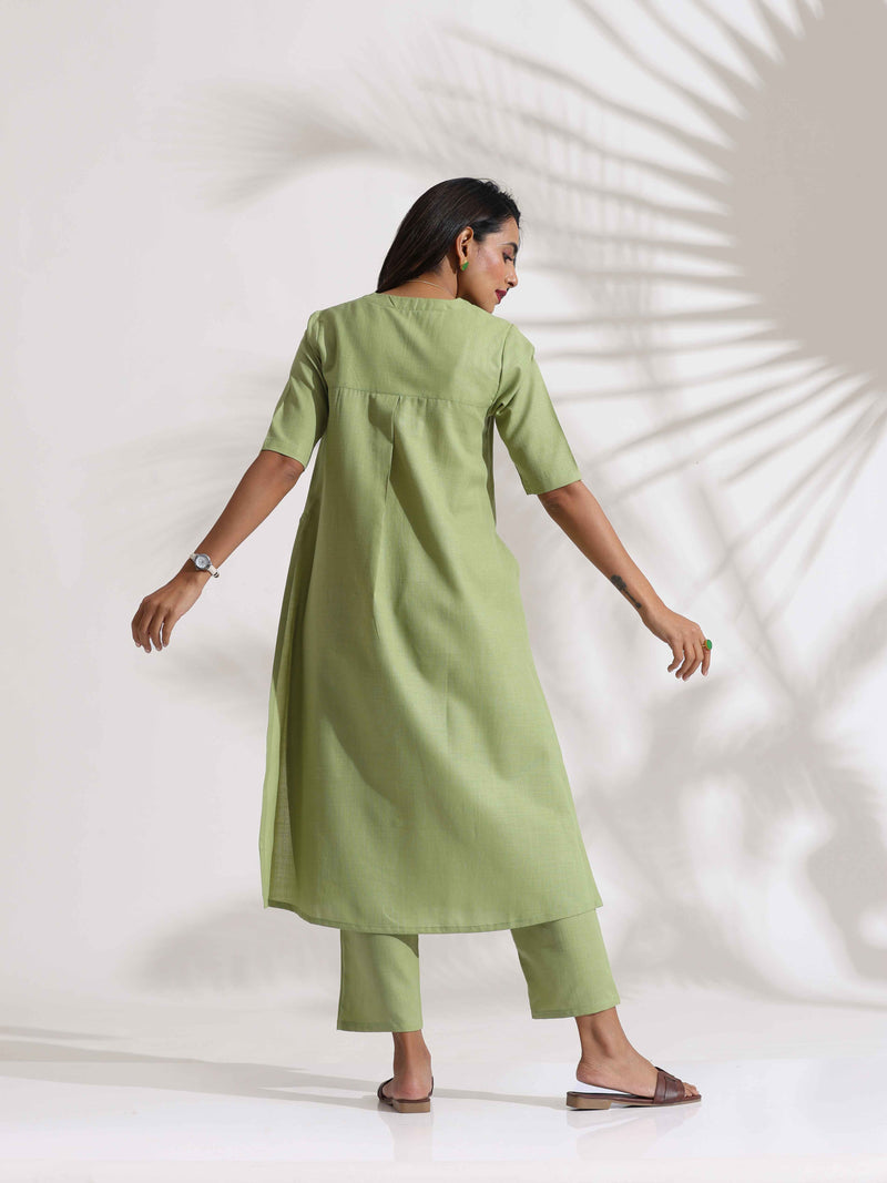 trueBrowns Green Slub Kurta Set