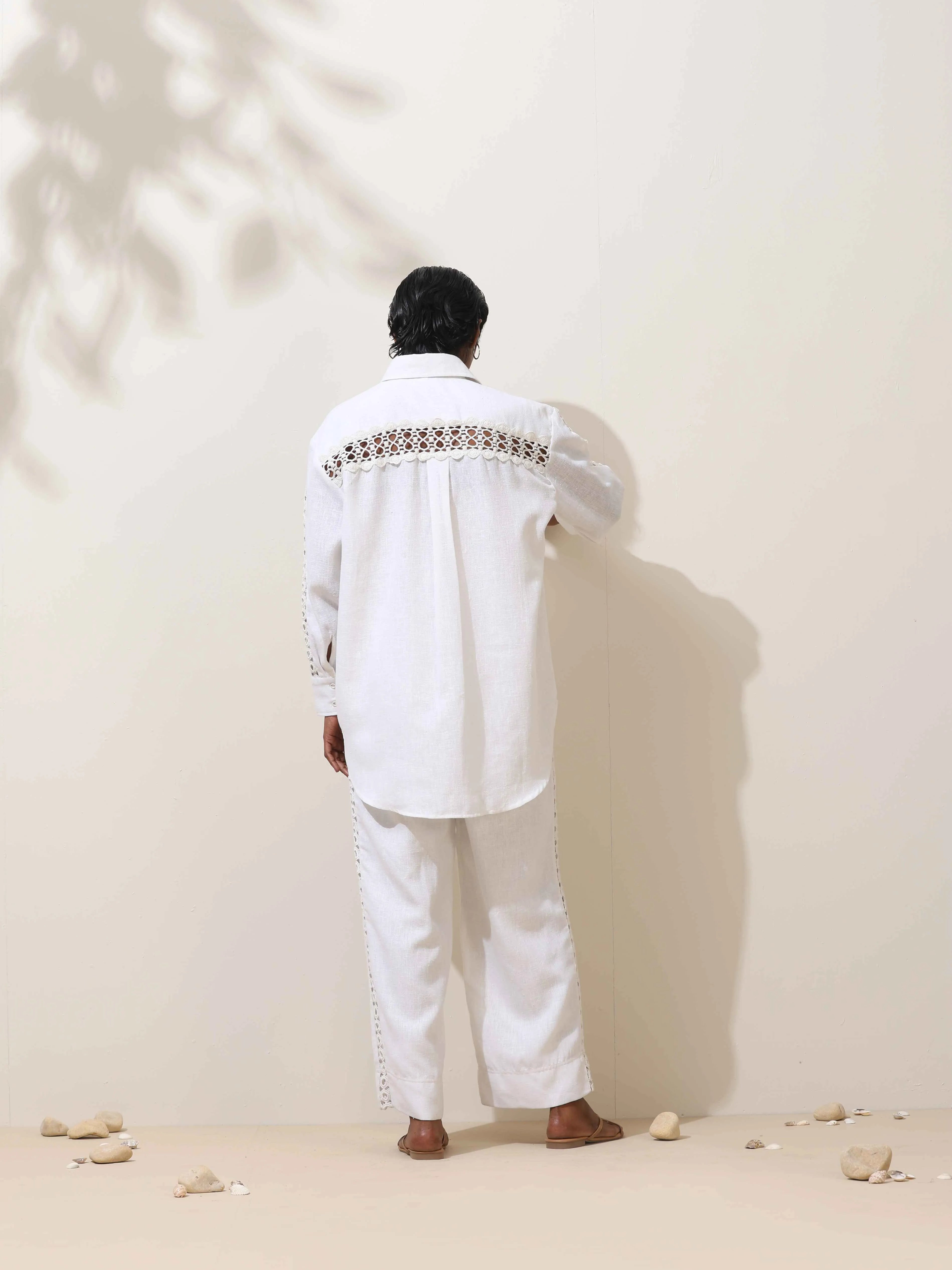 trueBrowns Attar White Crochet Natural Cotton Shirt Co-ord Set