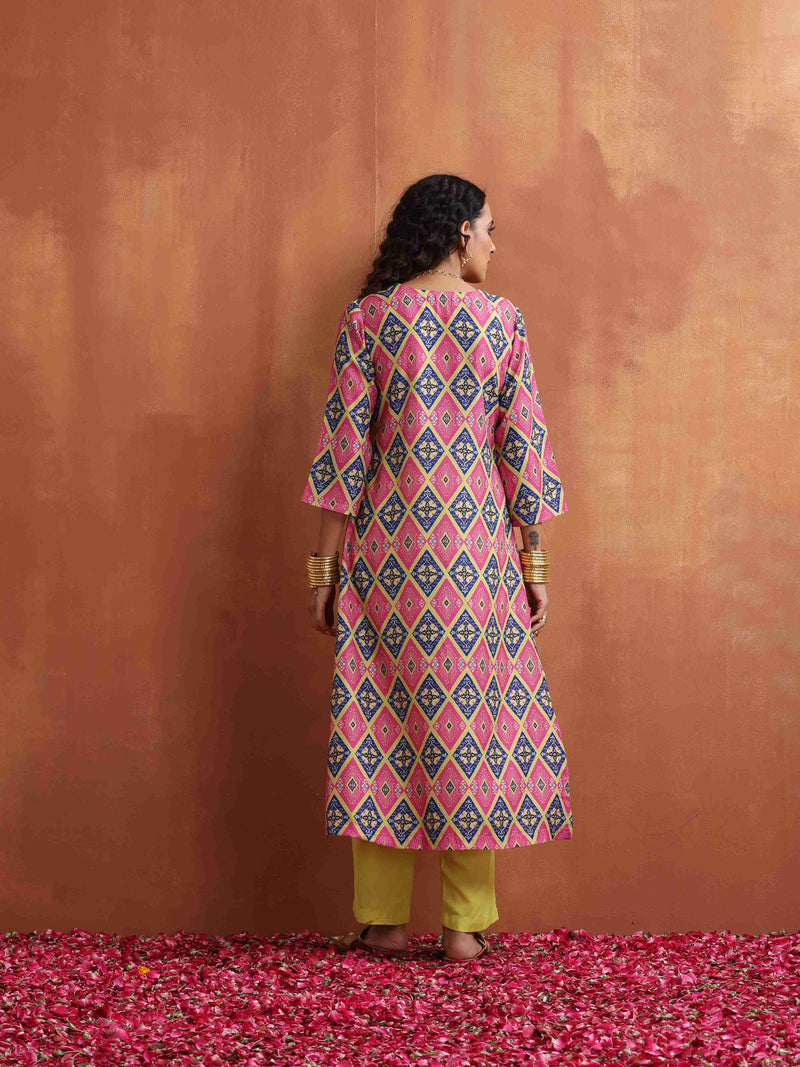 trueBrowns Pink Print High Slit Kurta Set