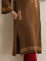 trueBrowns Brown Kashmiri Floral Embroidered Woollen Phiran Kurta