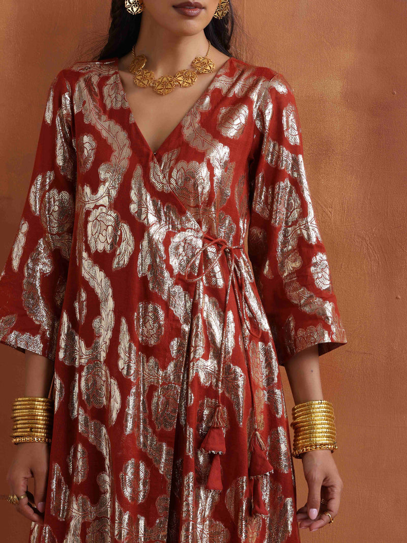 trueBrowns Rust Metallic Angrakha Kurta Set