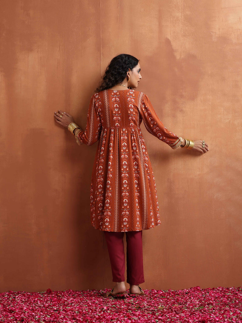 trueBrowns Orange Print Anarkali Kurta Co-ord Set