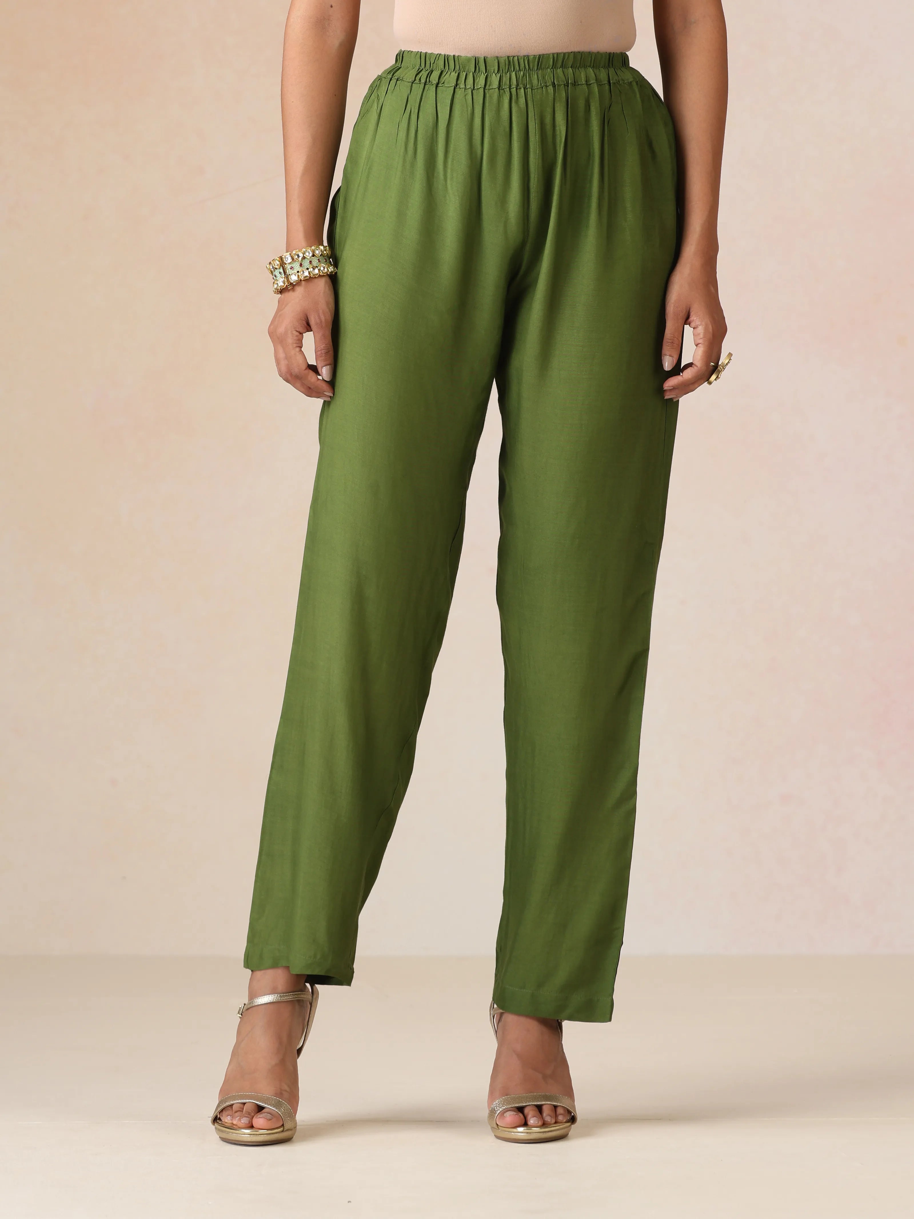 trueBrowns Dark Green Orange Jaal Print Viscose Flared Kurta Co-ord Set