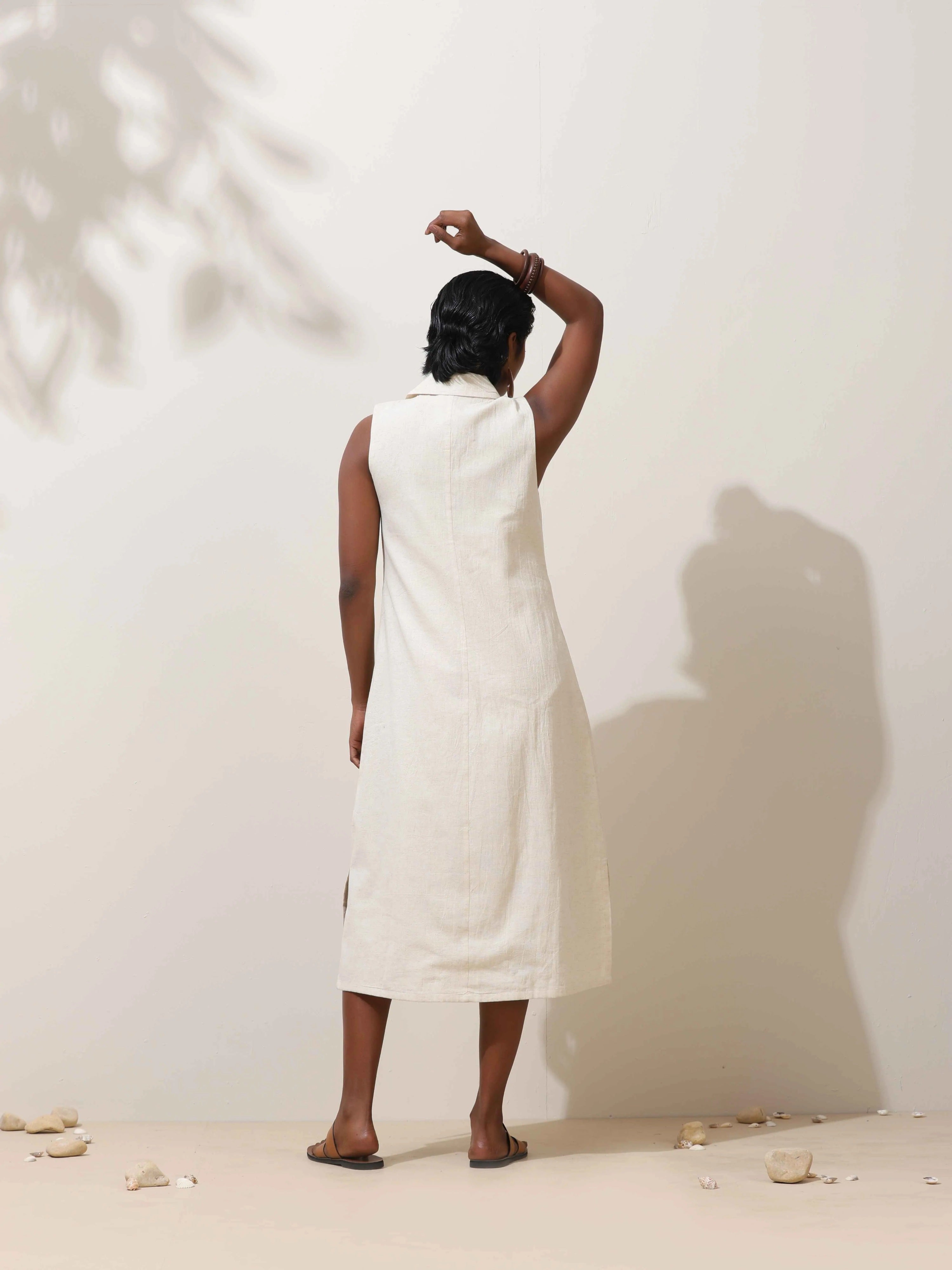 trueBrowns Off-White Cotton Linen Dress
