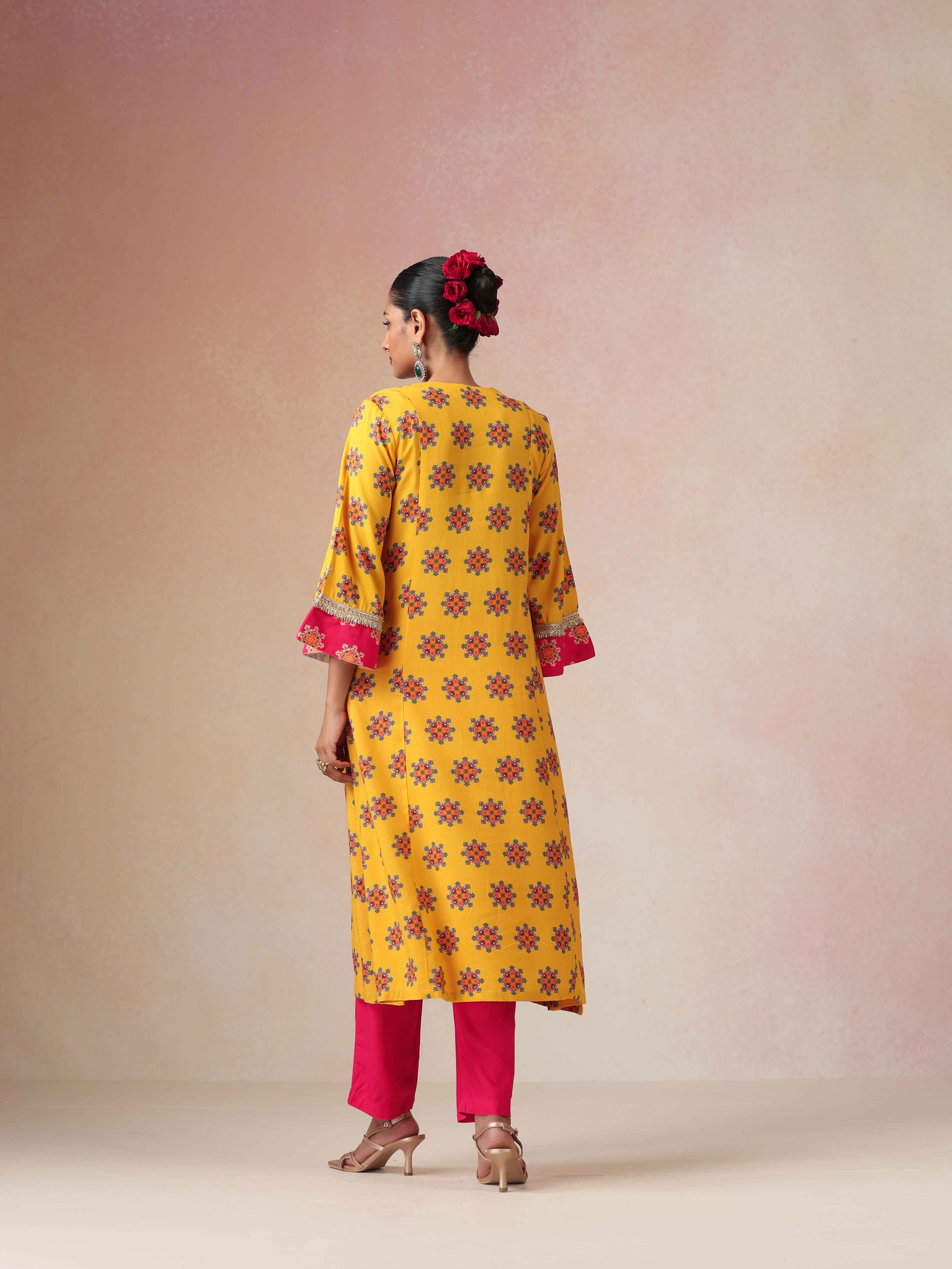trueBrowns Yellow Boota Print Viscose A-line Kurta Set