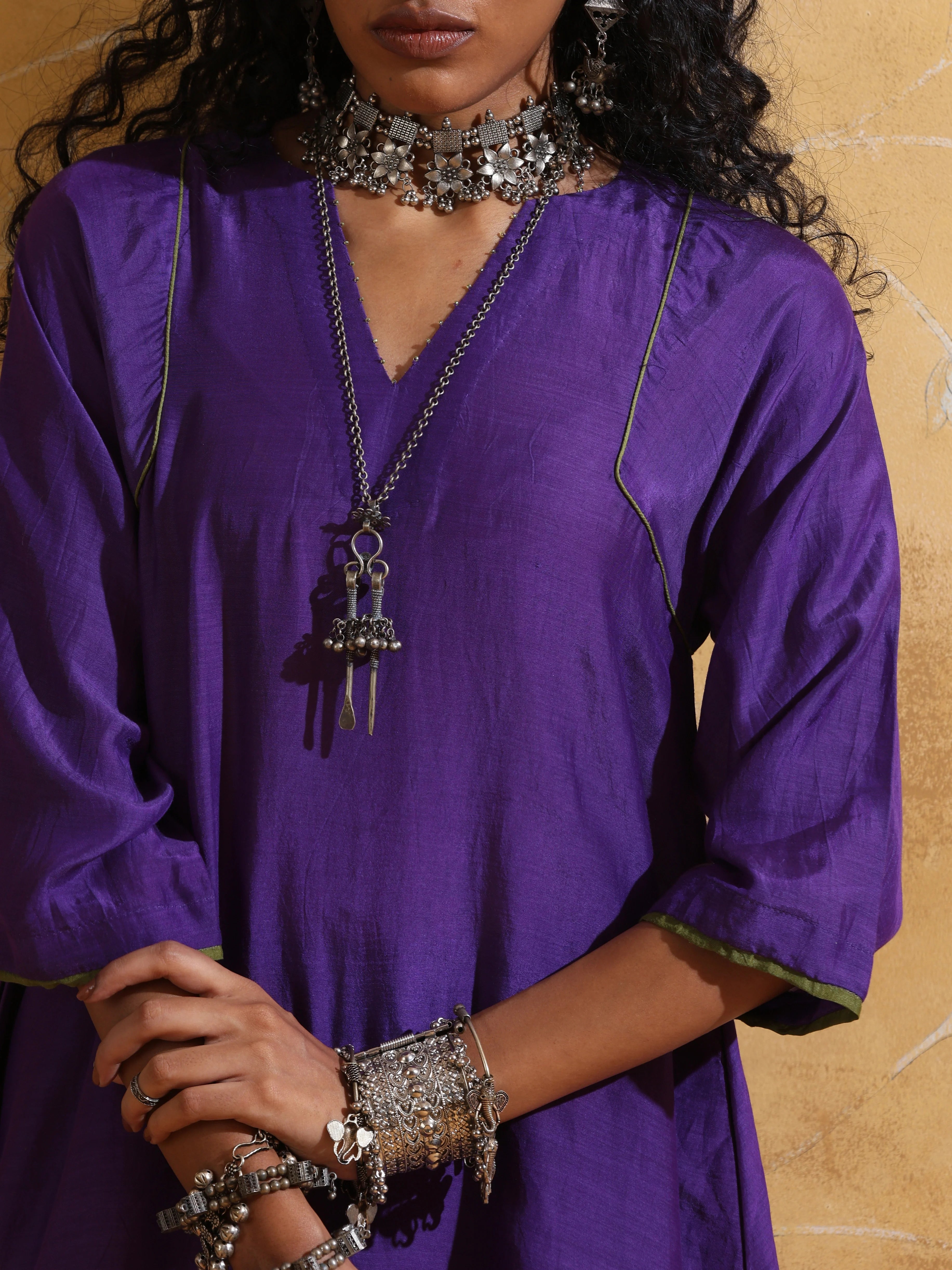 trueBrowns Purple Muslin Silk A-line Kurta Co-ord Set