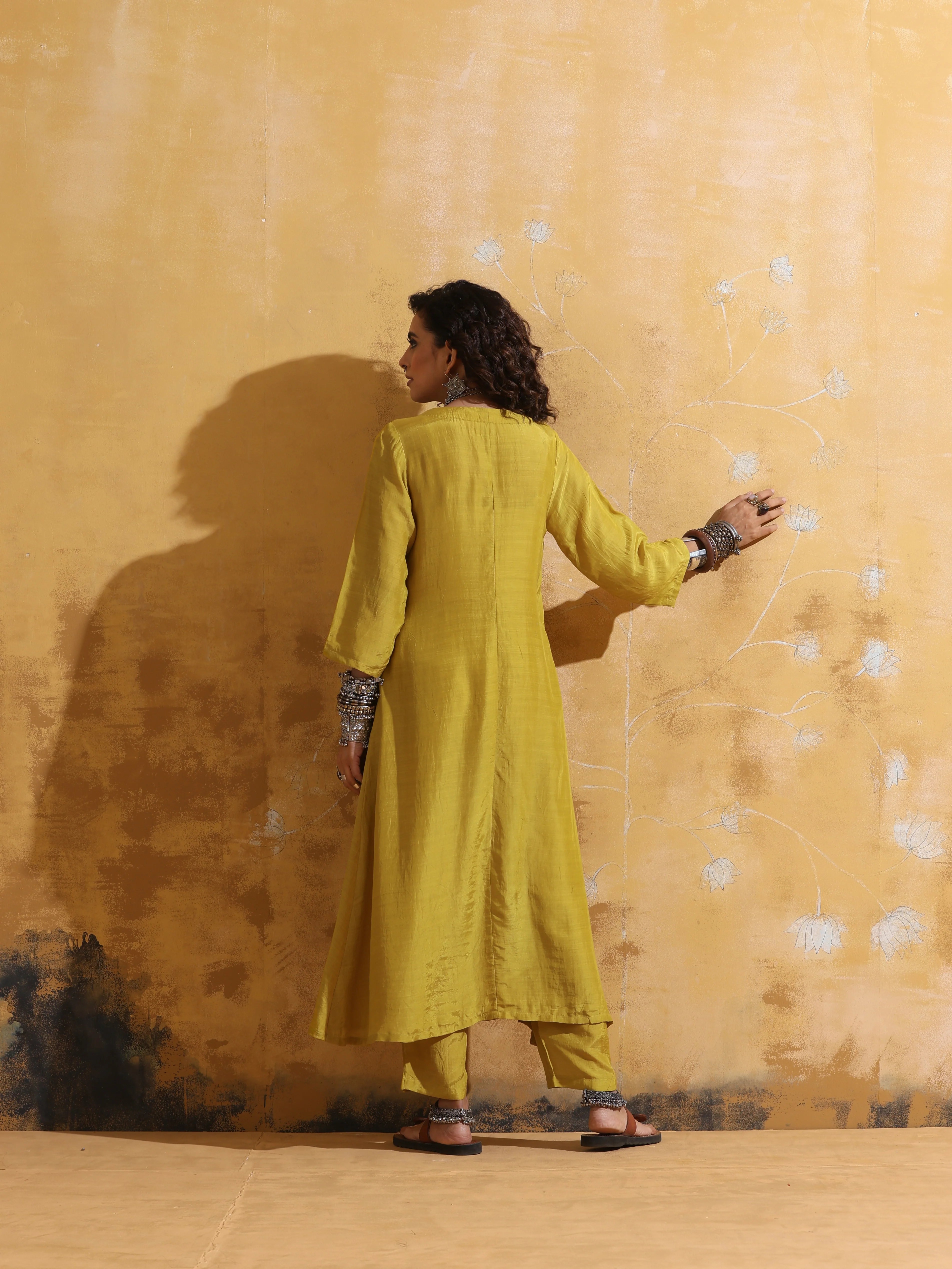 trueBrowns Lime Muslin Silk Angrakha Kurta Pant Set