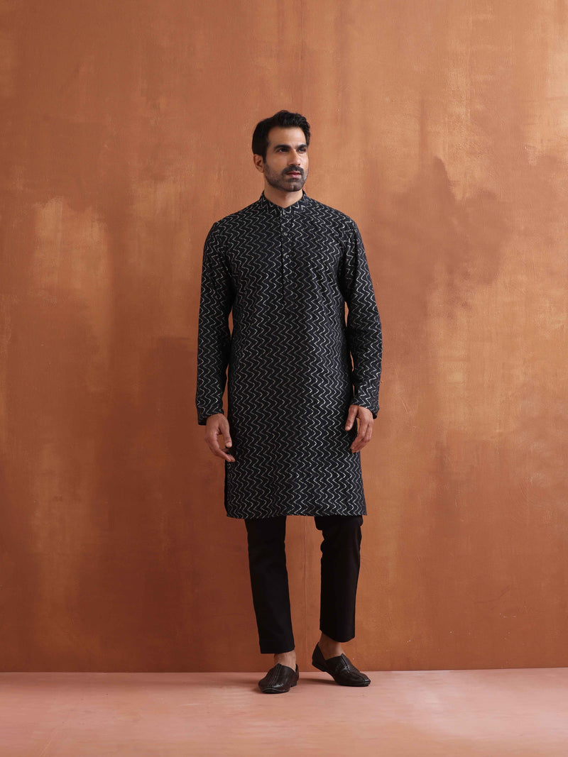 trueBrowns Men's Black Cotton Dobby Kurta