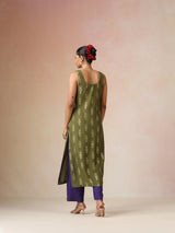 trueBrowns Olive Green Gold Foil Print Muslin Silk Sleeveless Straight Kurta Set