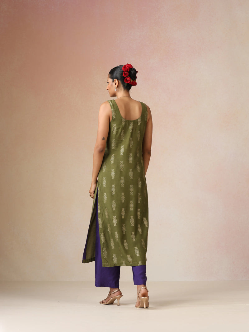 trueBrowns Olive Green Gold Foil Print Muslin Silk Sleeveless Straight Kurta Set