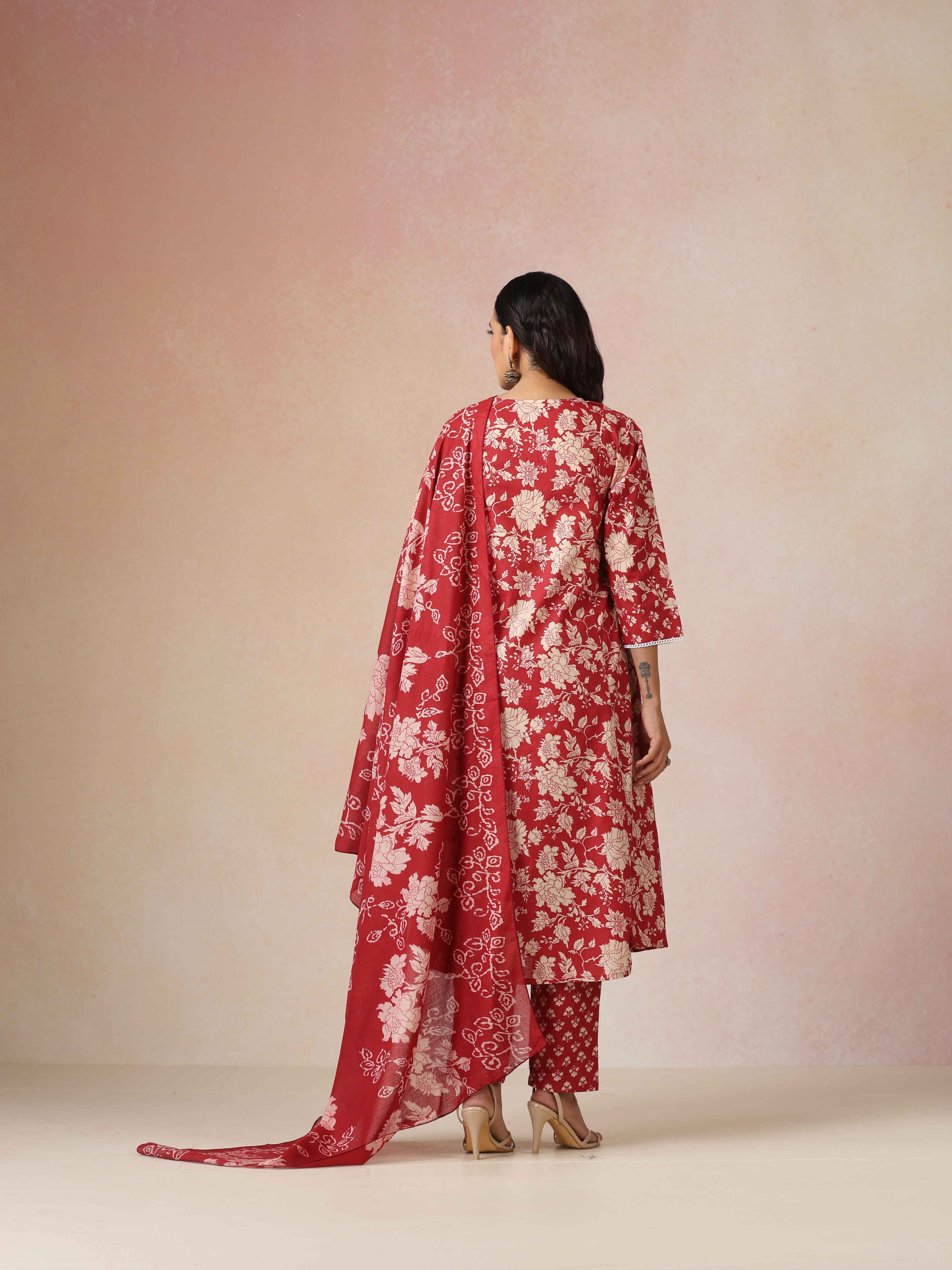 trueBrowns Red Cotton Print A Line Kurta 3pc Set