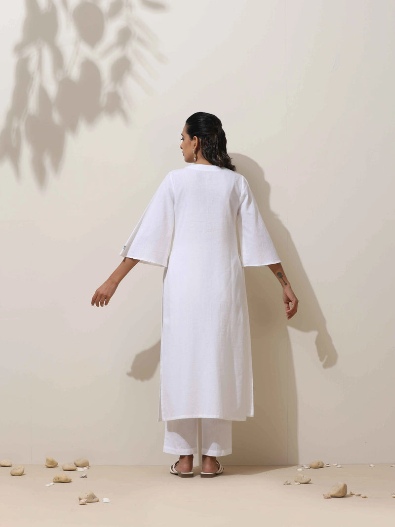 trueBrowns Off White Cotton Linen Angrakha Kurta Pant Set