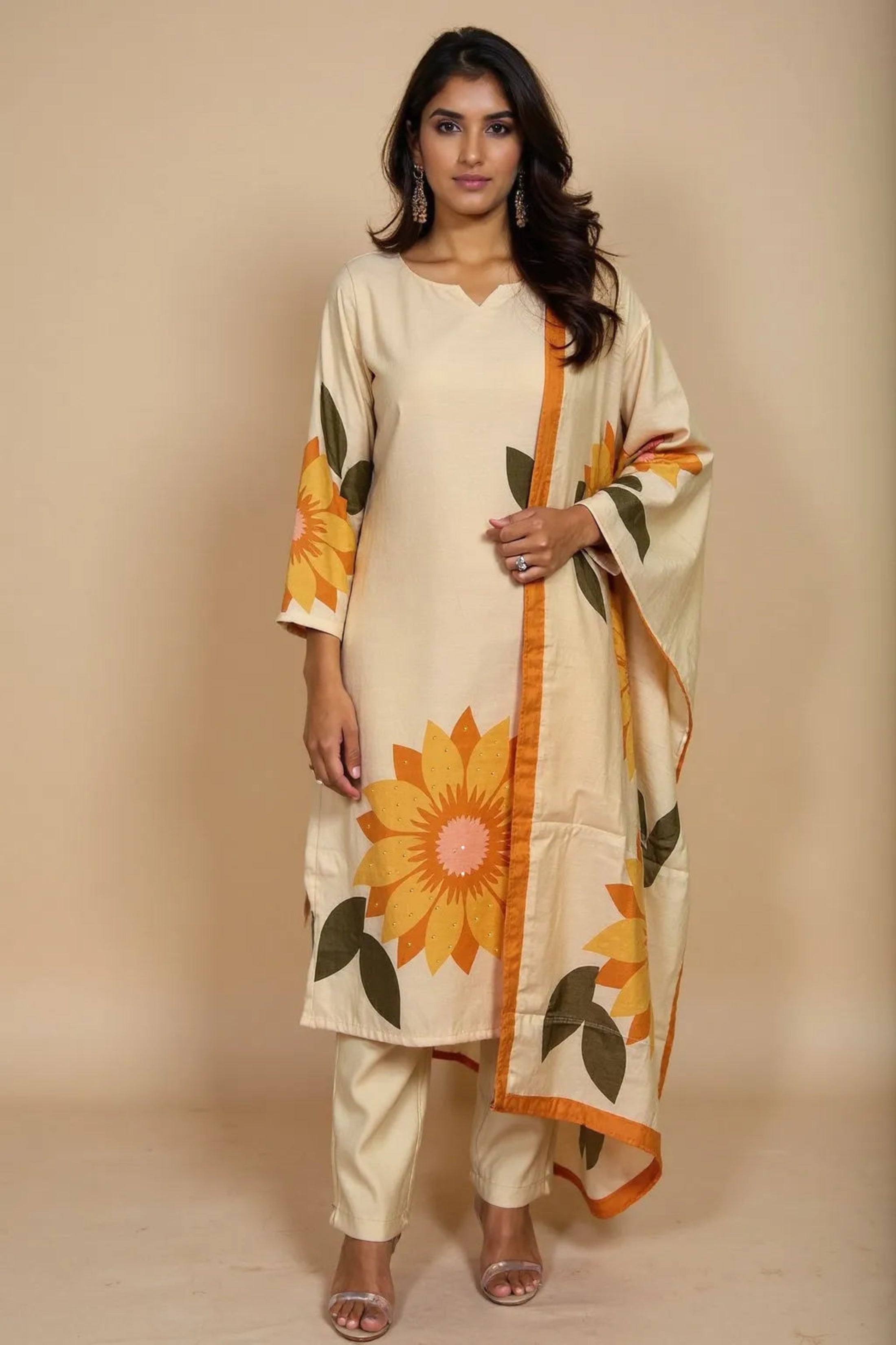 trueBrowns Beige Sunflower Print Kurta Pant Dupatta Set