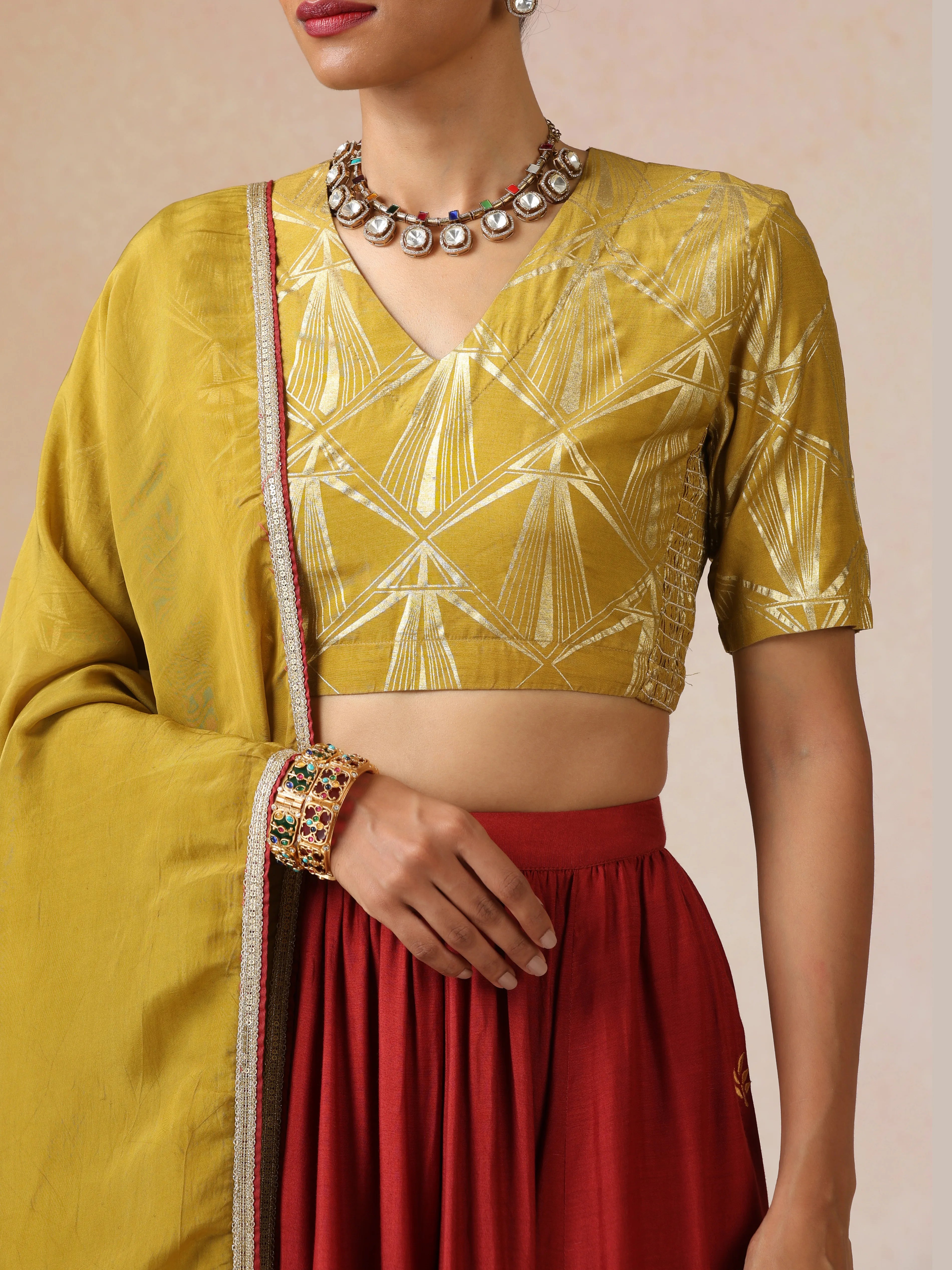 trueBrowns Mustard Gold Foil Print Muslin Silk Blouse Skirt Dupatta Set