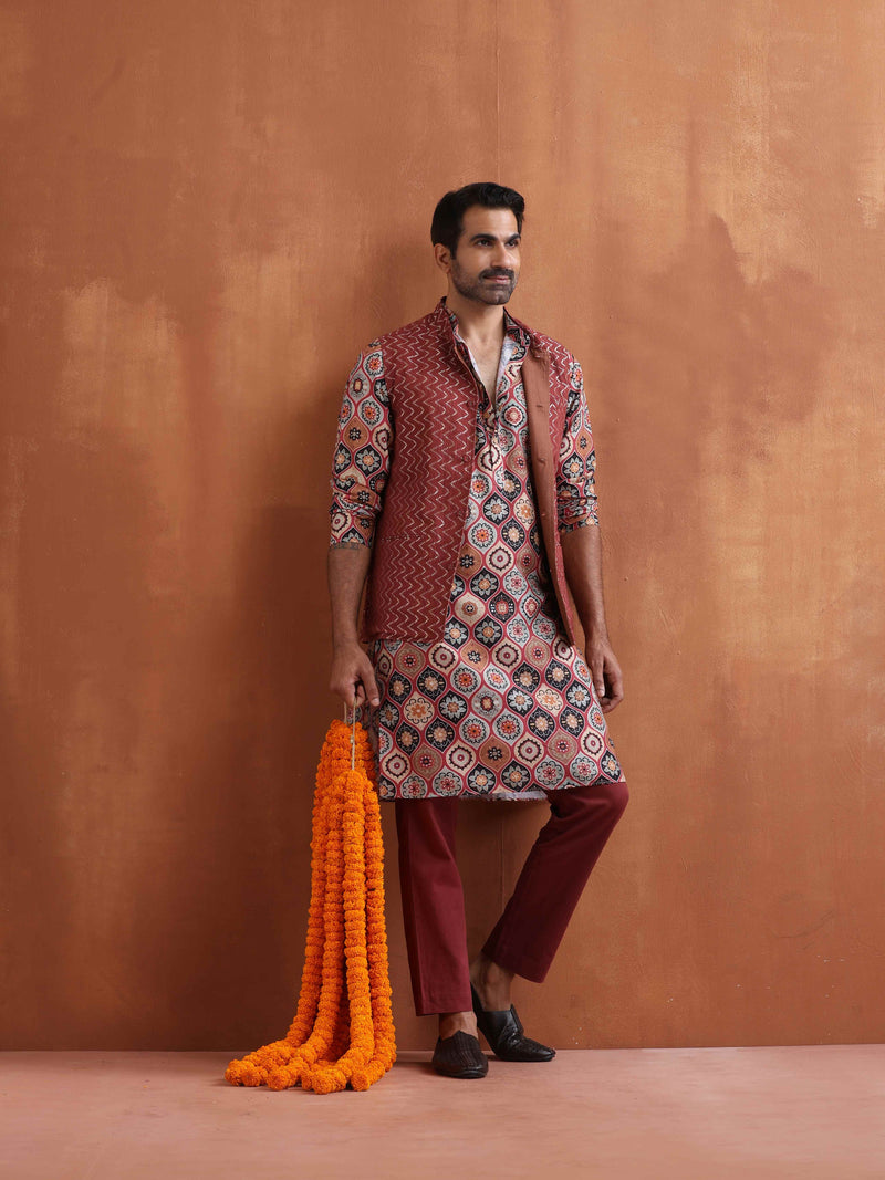 trueBrowns Men's Rust Geometric Printed Kurta