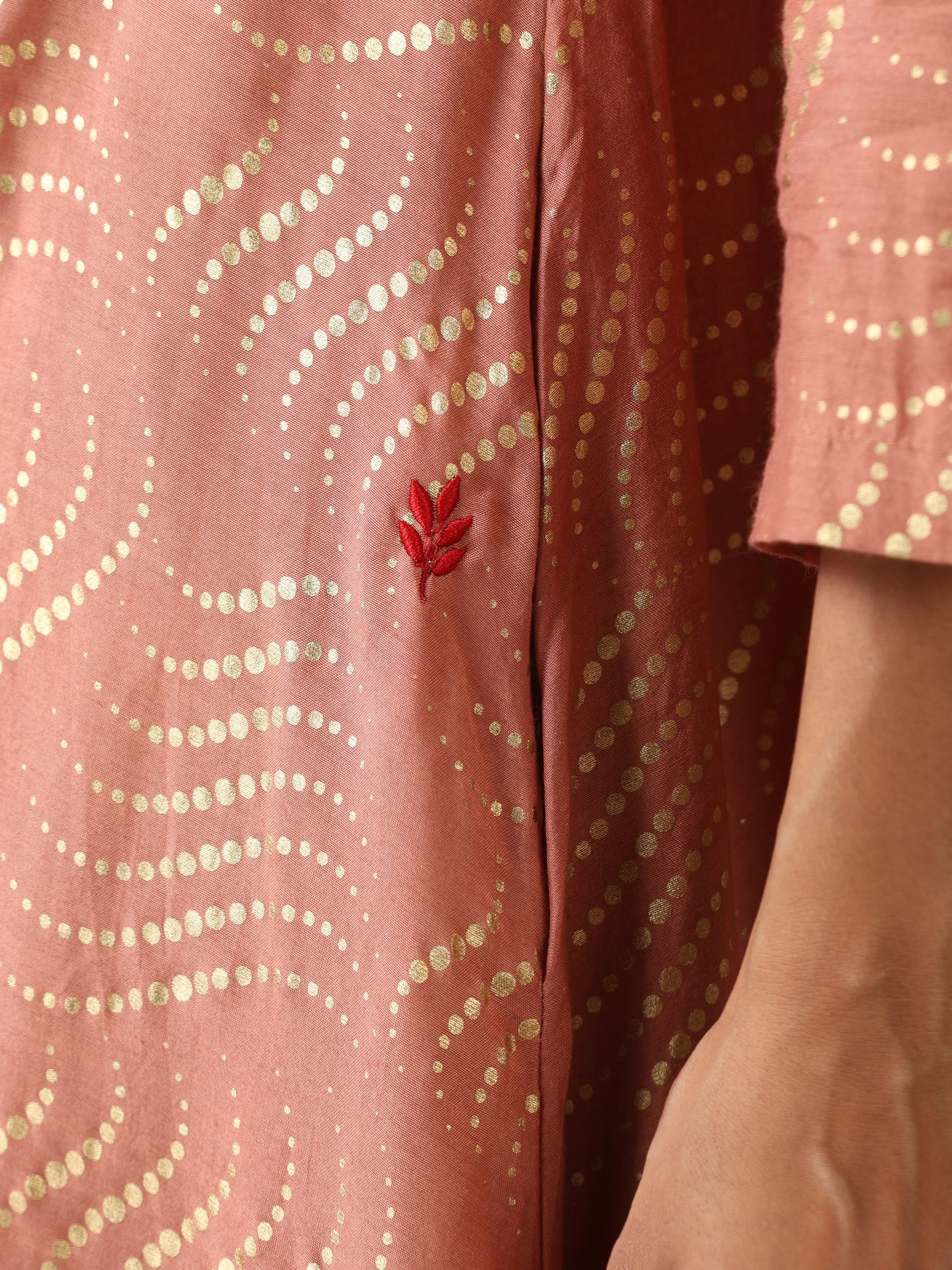 trueBrowns Peach Gold Foil Print Muslin Silk Flared Kurta Co-ord Set