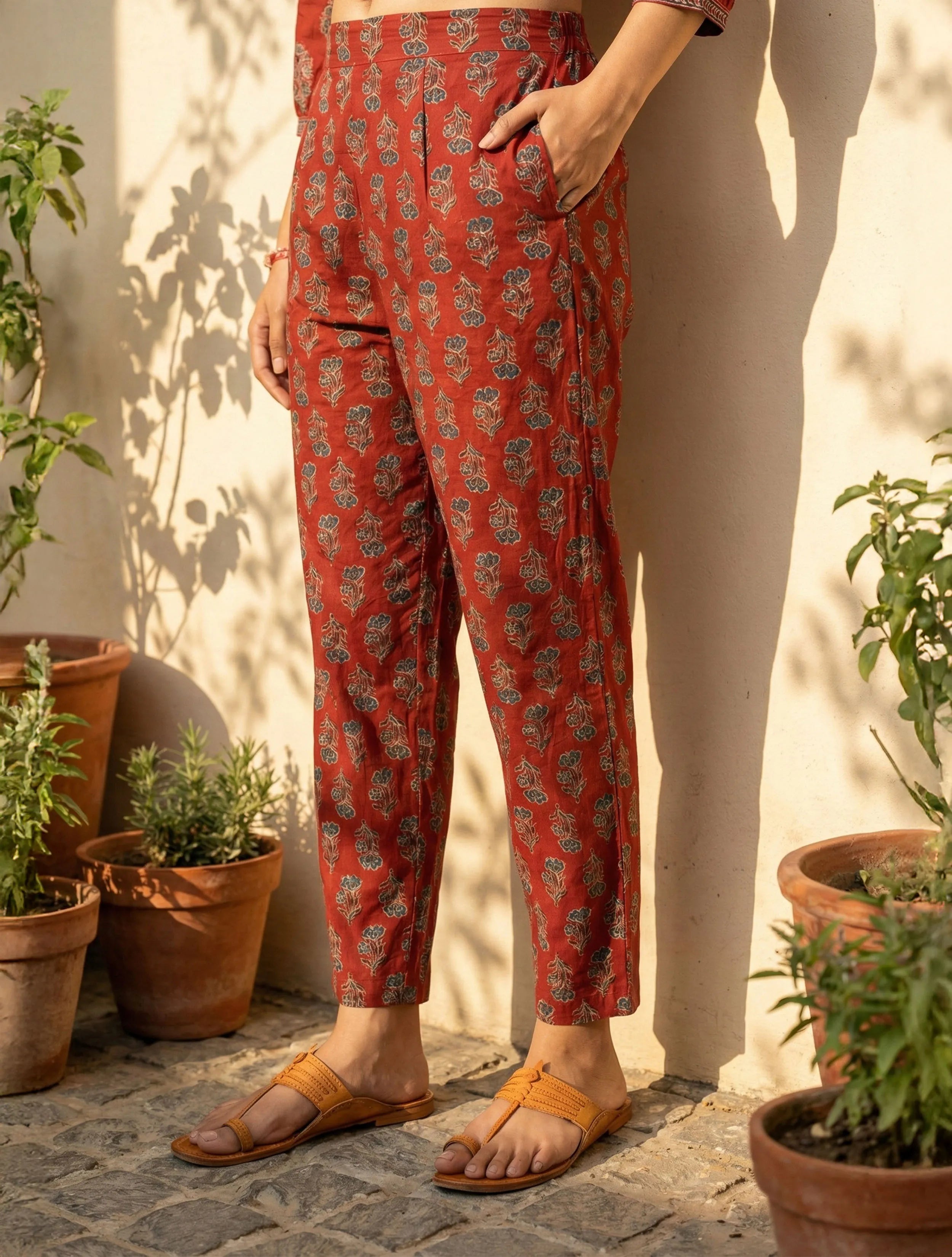 trueBrowns Rust Boota Print Angrakha Kurta Pant Dupatta Set