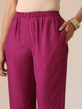 trueBrowns Magenta Gold Foil Print Muslin Silk Asymmetric One-Shoulder Kurta Co-ord Set