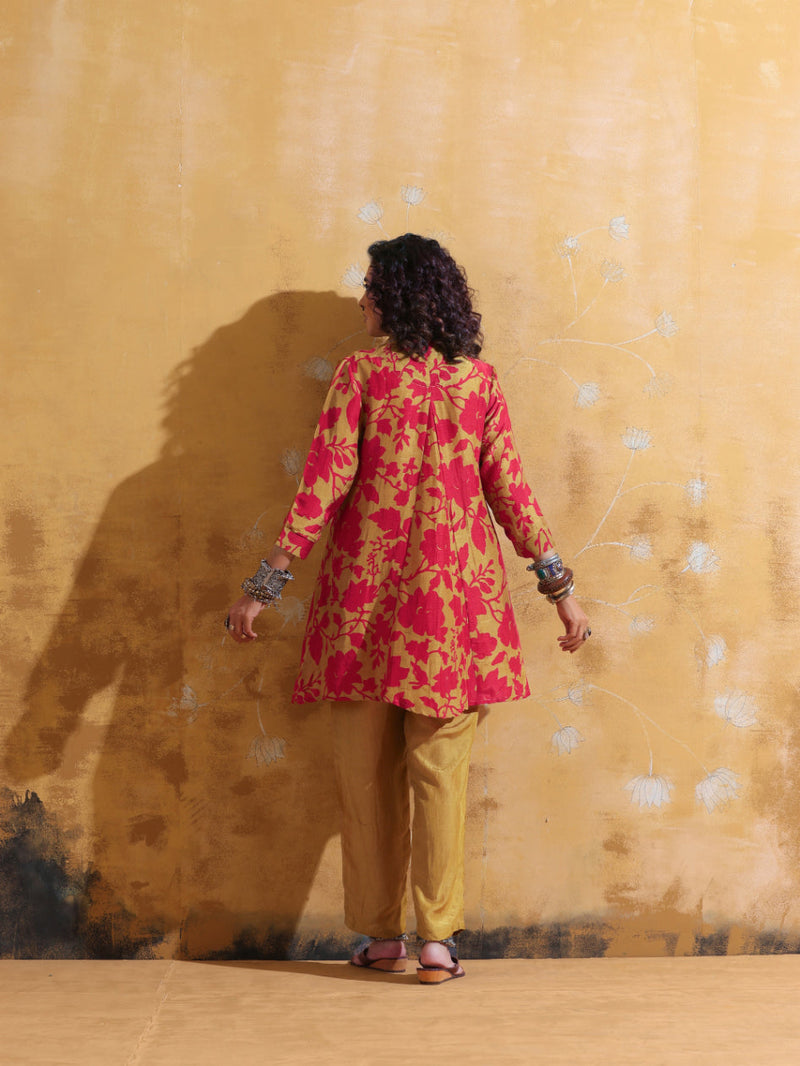trueBrowns Red Mustard Jaal Print Muslin SIlk A-Line Co-ord Set