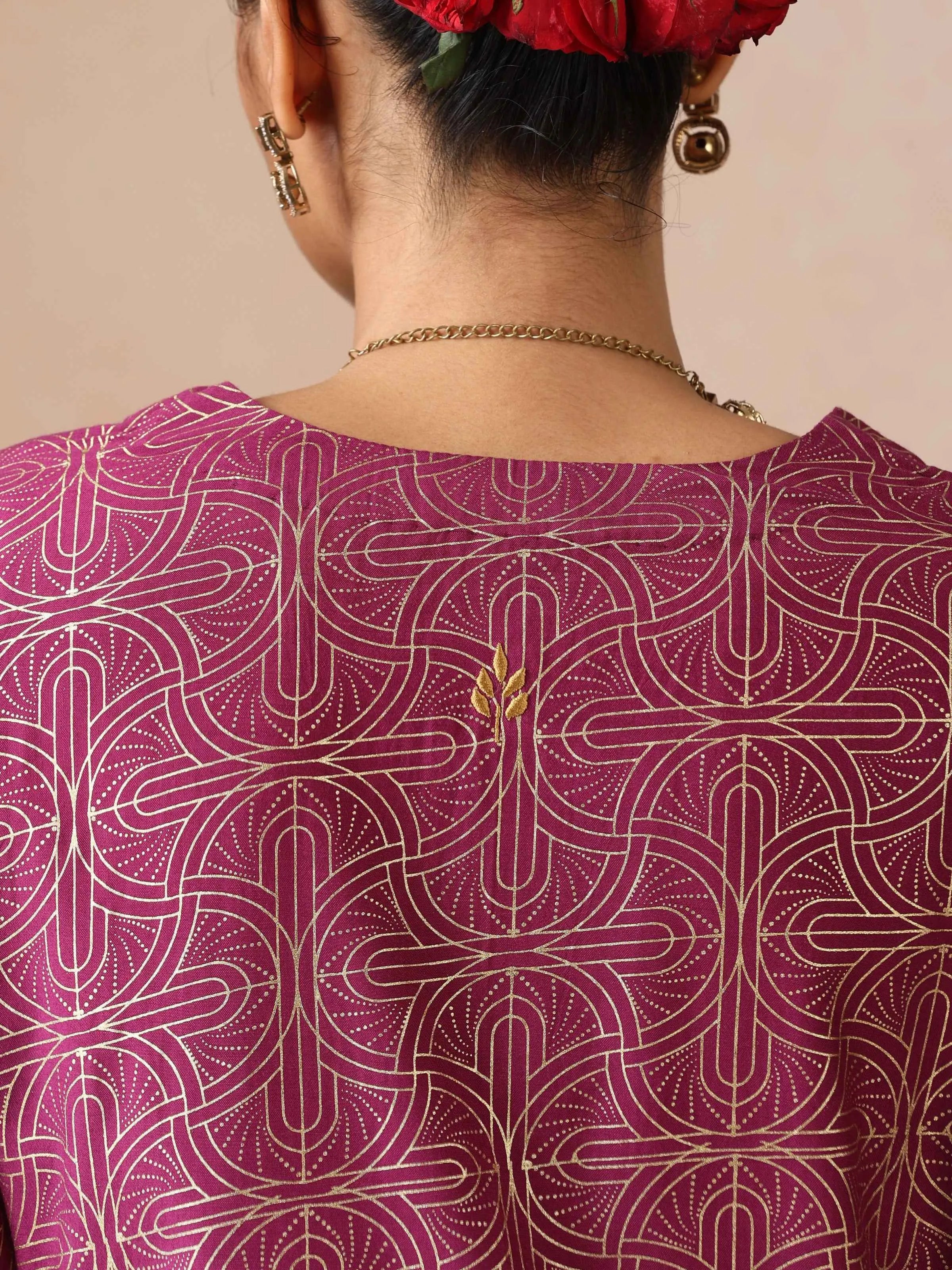 trueBrowns Magenta Gold Foil Print Muslin Silk Sharara Set