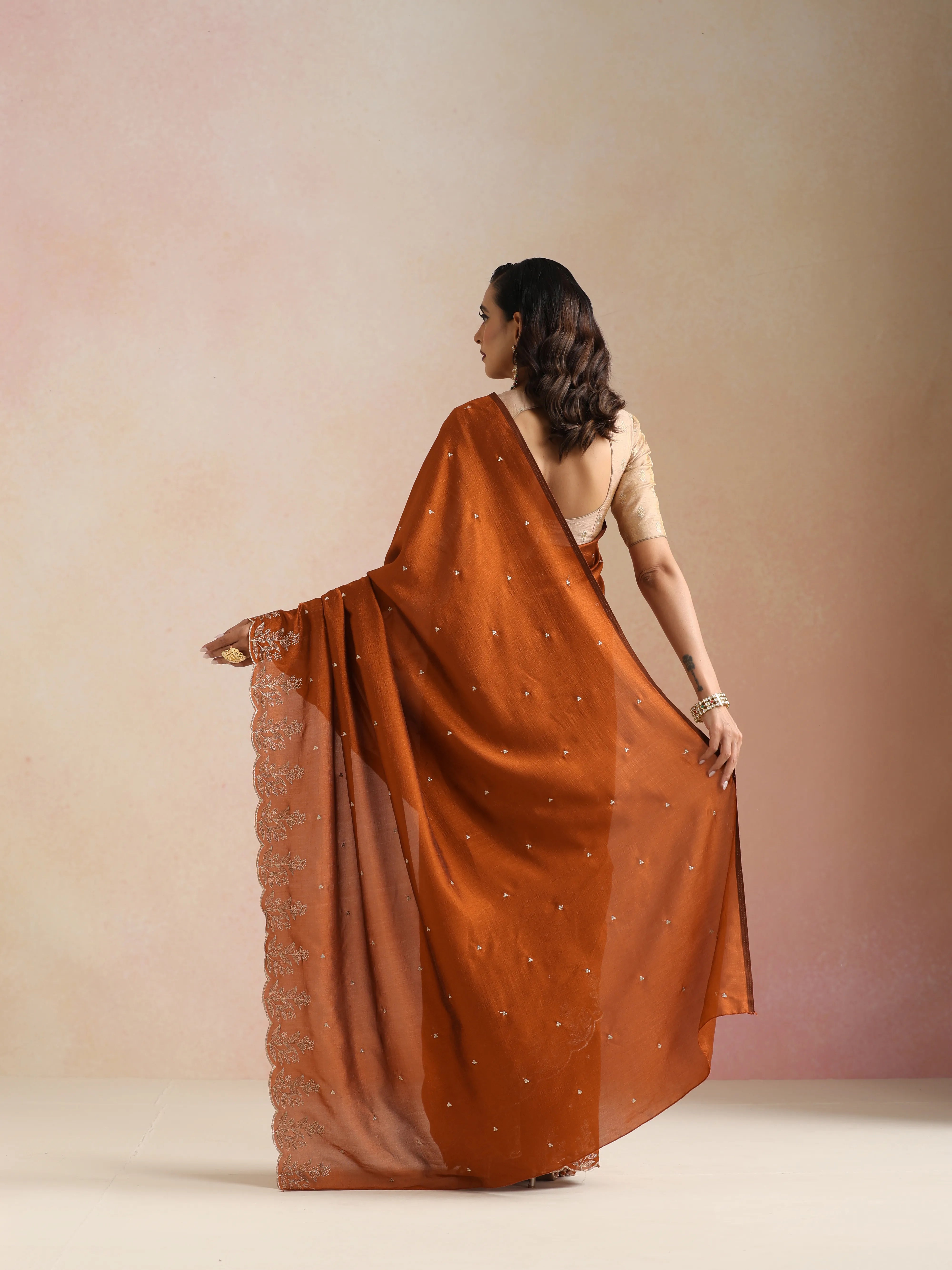 trueBrowns Rust All Over Zari Embroidered Saree With Unstitched Blouse