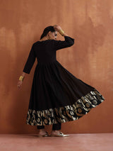trueBrowns Black Metallic Flared Anarkali Kurta Set