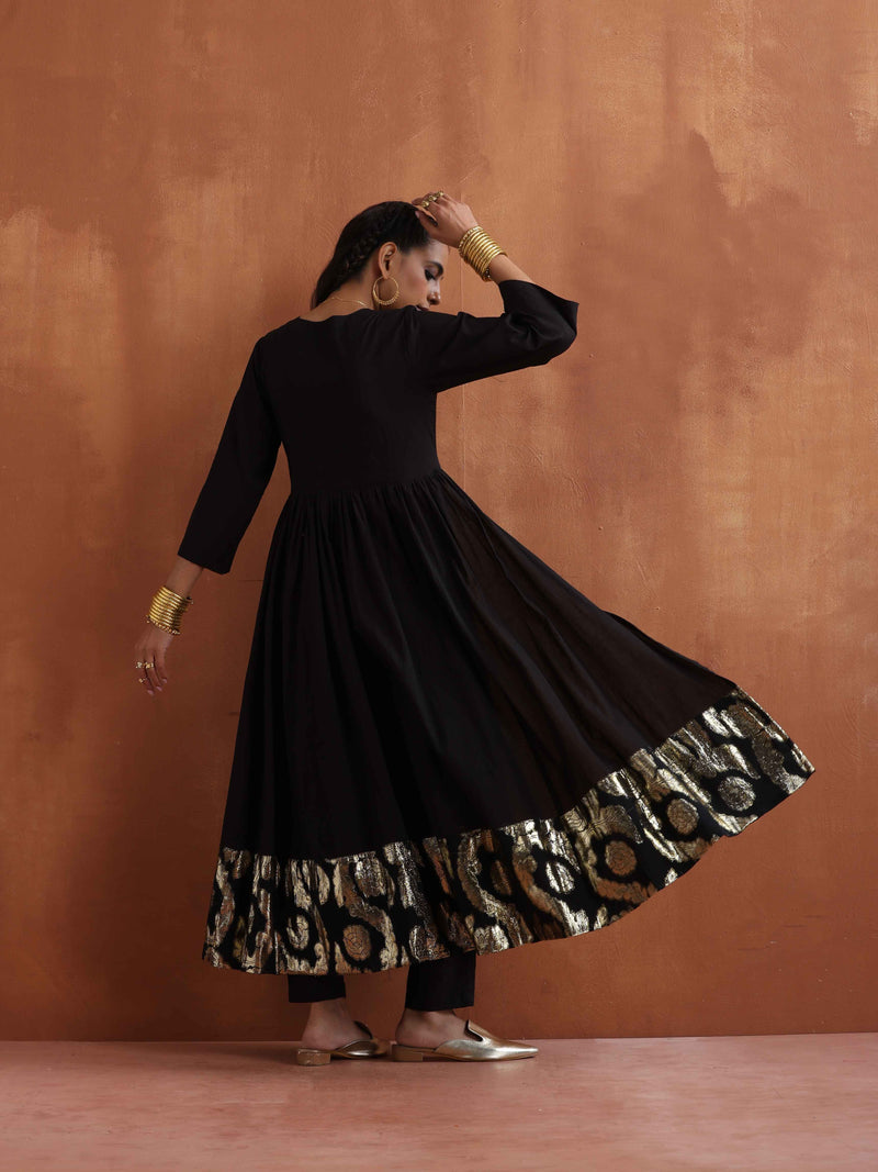 trueBrowns Black Metallic Flared Anarkali Kurta Set